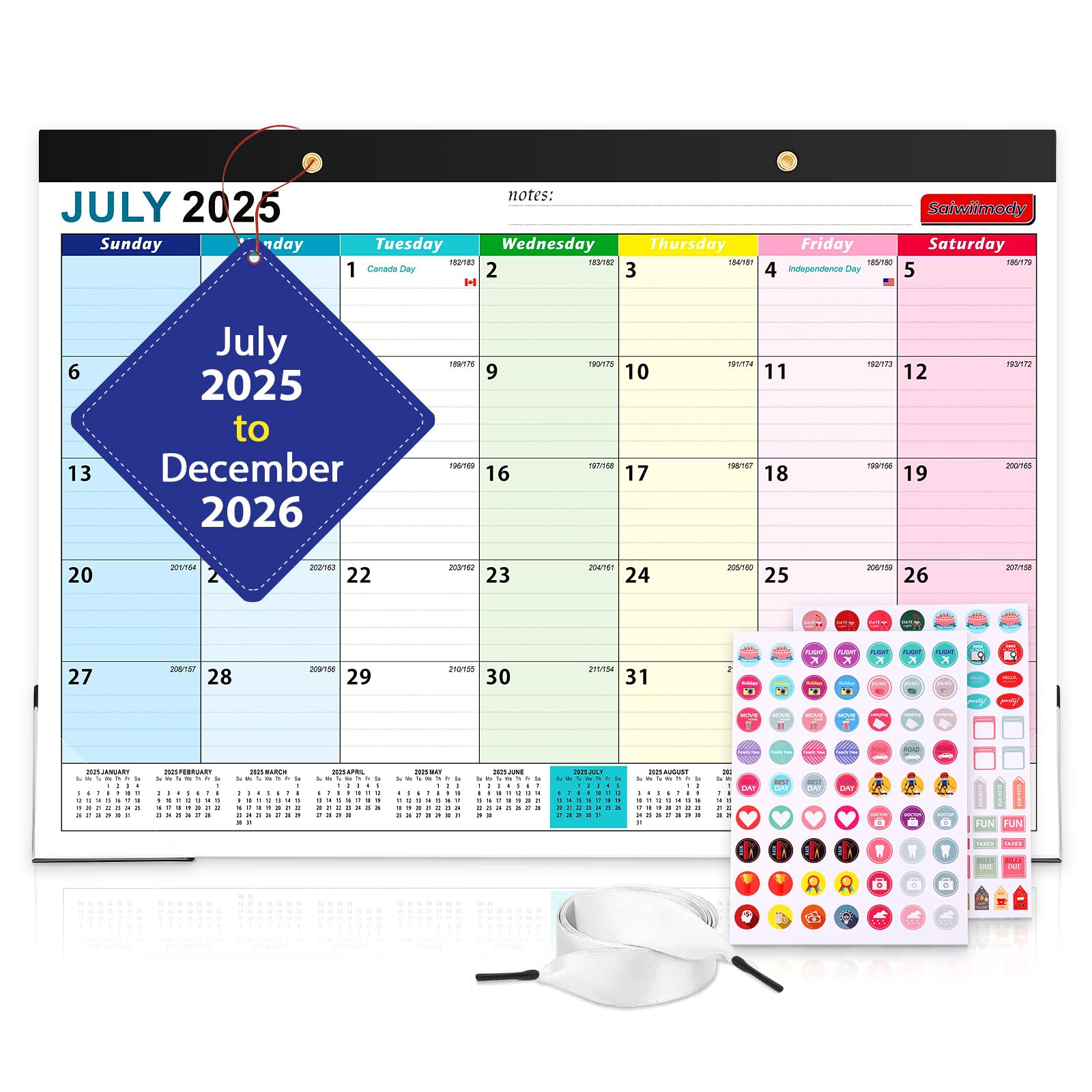 Calendar 2026 Large Wall Calendar 2025-2026 with Waterproof Cover Monthly Planner from Now until December 2026 with Large Blocks Daily Monthly Planning Organizer, 43 x 31 cm - Colorful