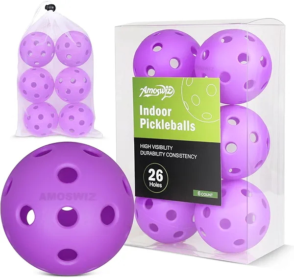 Amoswiz Indoor Pickleball Balls, 6 Pack of 26 Holes Pickleballs, Indoor Pickleballs Set, High Visibility Durable Pickle Balls for Training and Tournament