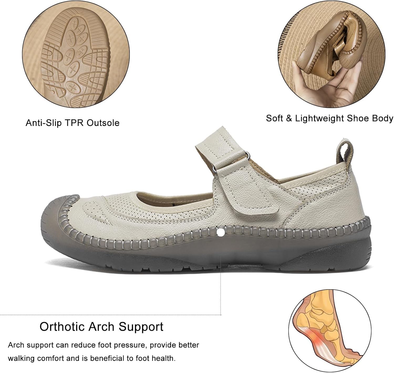 Women's Comfort Orthopedics Mary Jane Flats with Arch Support Leather Wide Round Toe Non-Slip Soft Sole Lightweight Breathable Walking Shoes Fashion Casual Dress Shoes