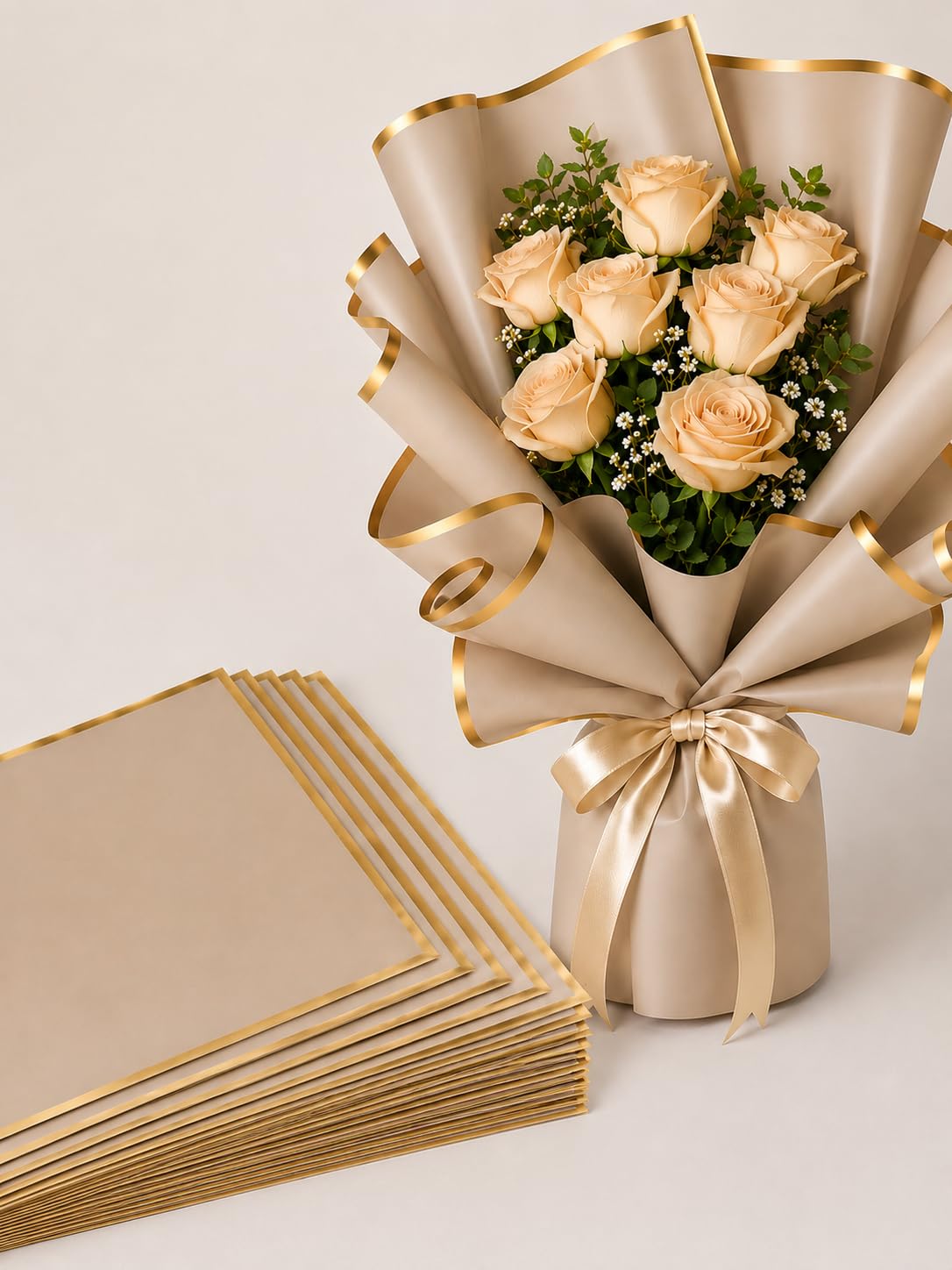 Kuwer - 10 Sheets Korean Style Waterproof Premium Bouquet Wrapping Sheet (58cm x 58cm) | Golden Border Line Flower Wrapping Paper | Waterproof and Thick, elegant packaging for bouquet, and Gift Wrap - Khaki-image-16