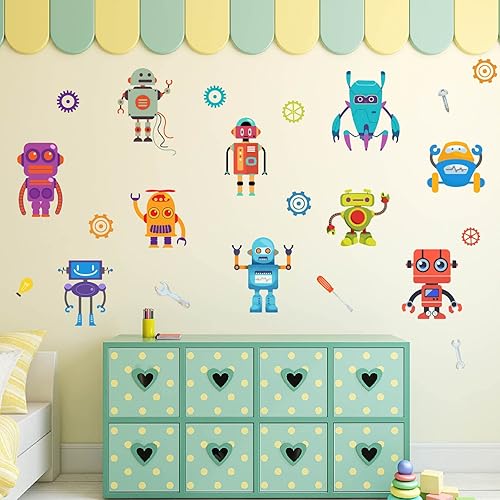 Miniatura 3 de PLIGREAT 23 calcomanías de pared de robot, calcomanías de pared para despegar y pegar, divertidas calcomanías de pared de robot de dibujos animados