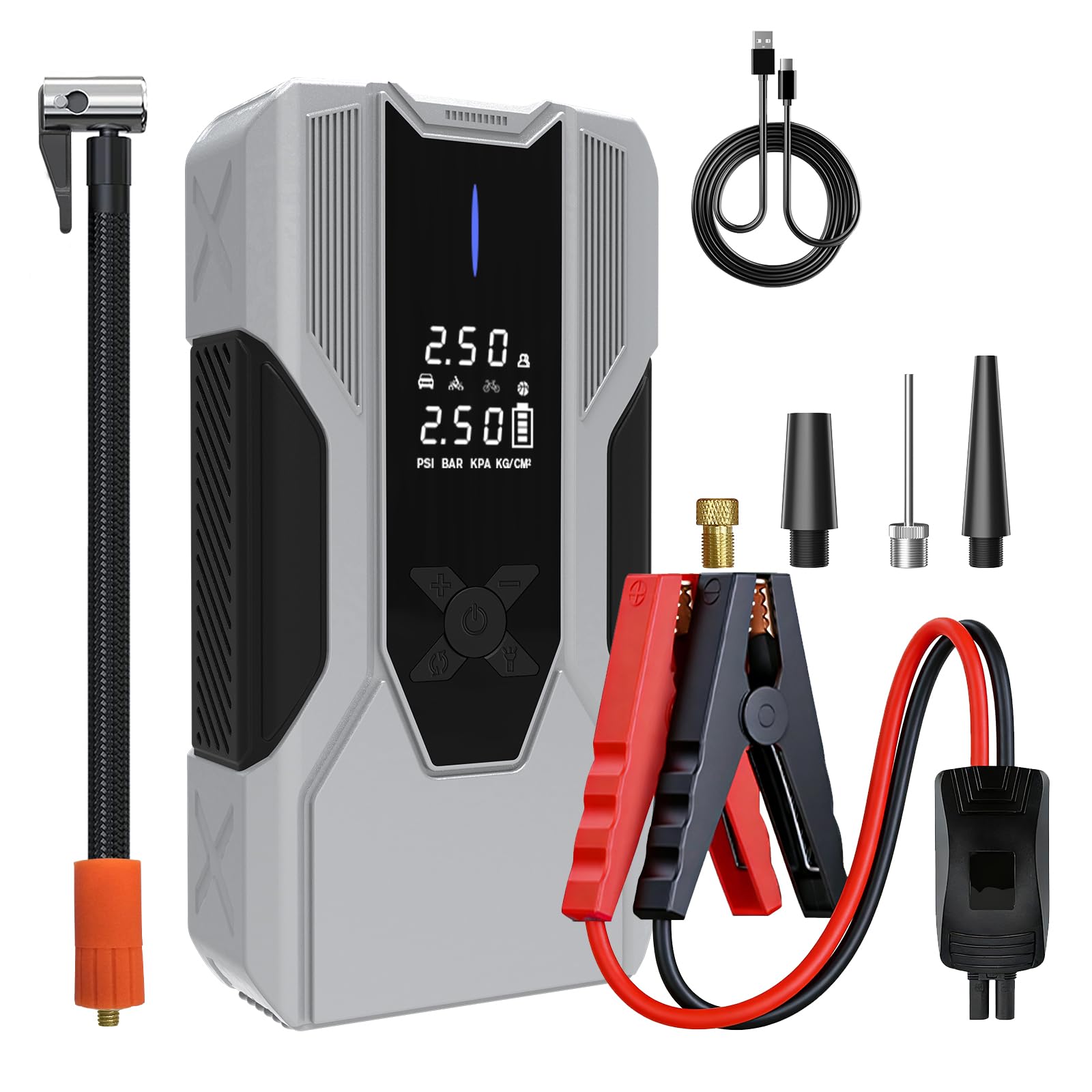 AWESAFE 12000Mha Inflador de Neumáticos 150PSI con Arrancador de Baterias de Coches (Todo Gasolina o 10L Diésel), Compresor de Aire Portátil para Coche con Pantalla LCD, Luz de Emergencia