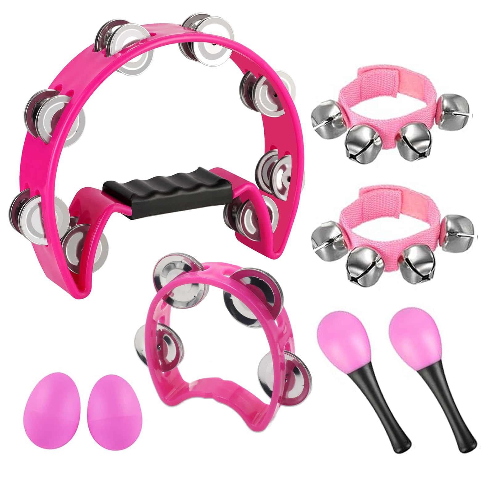 Panderetas de metal para adultos, panderetas de percusión de mano, pandereta de media luna, pandereta de 4 campanas, campanas de muñeca, agitador de huevos, martillo de arena, juego de instrumentos de