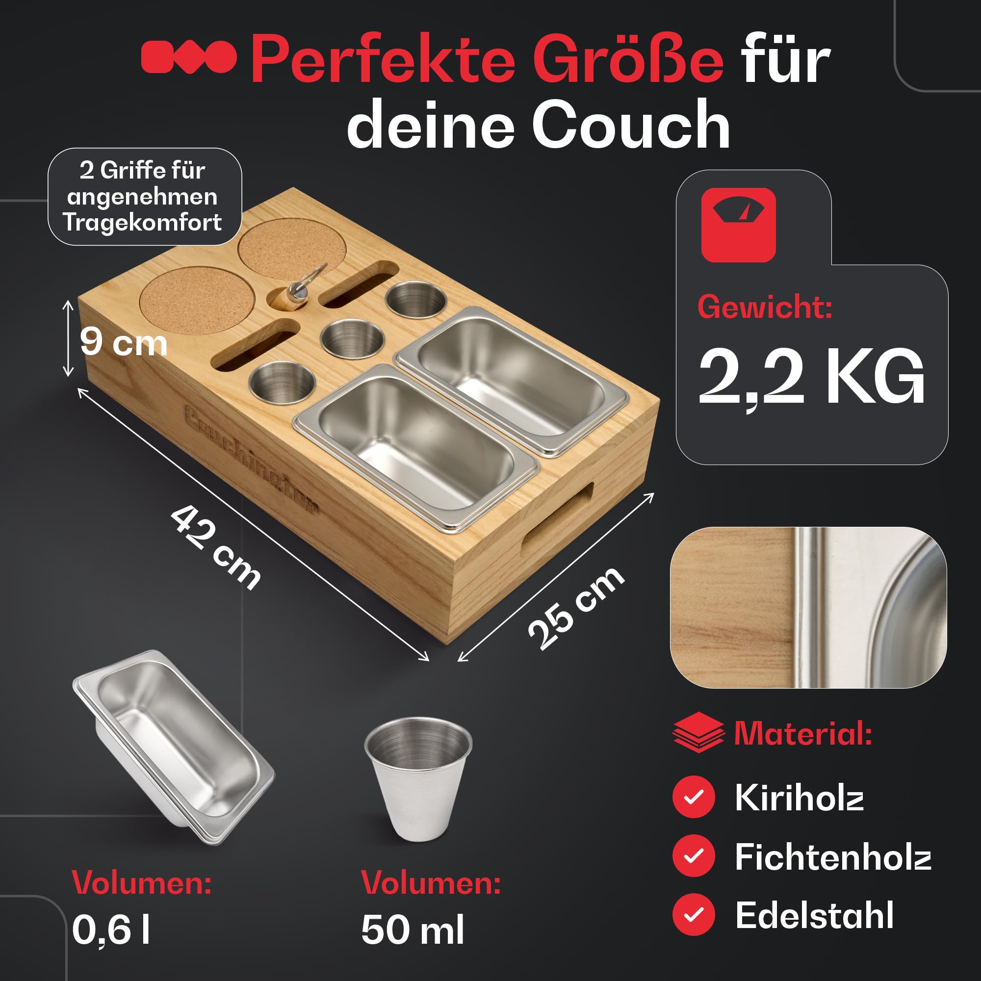 Premium Couchbar – Legno di Kiri, 3 colori, 2 ciotole per snack, 2 sottobicchieri, 1 apribottiglie, organizer per snack – Divano Butler vassoio da portata (legno con scritta)