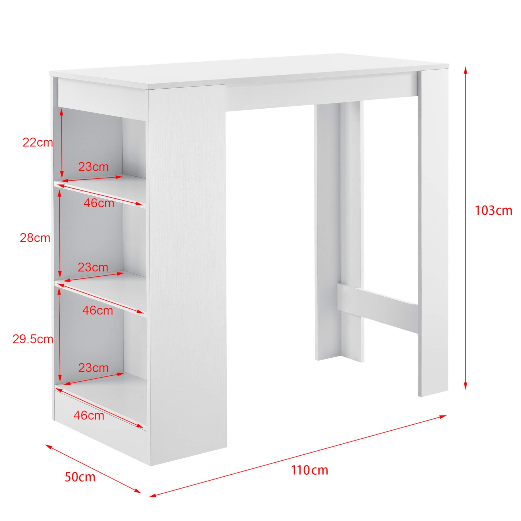 [en.casa] Table de Bar Haute avec Rangement Table Bistro Élégant avec 3 Étagères Mange Debout pour Petits Espaces Cuisine Salon Bureau Panneaux de Particules 110 x 50 x 103 cm Blanc
