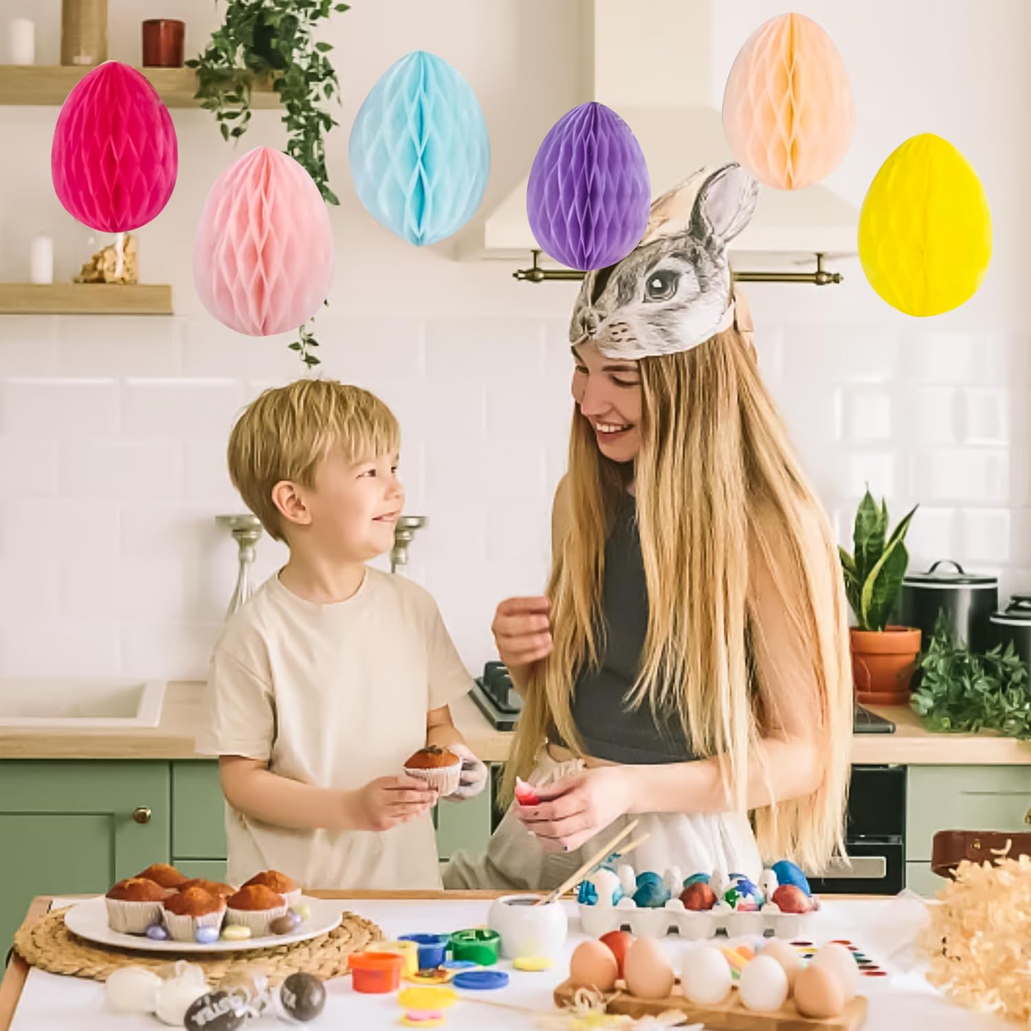 UNVOJL Easter Paper Honeycomb Ball Egg Shape Easter Decorations Hanging Pom Pom Ball Hanging Eggs Ornaments for Easter (14) - Image 4