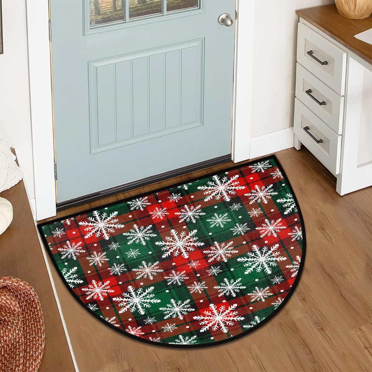 Half Round Door Mat Snowflake Colorful Christmas Non-Slip Soft Semi Circle Rug Washable Half Moon Welcome Entrance Doormat for Outdoor Indoor Floor Bedroom Bathroom Home Kitchen Festival Decor Gift