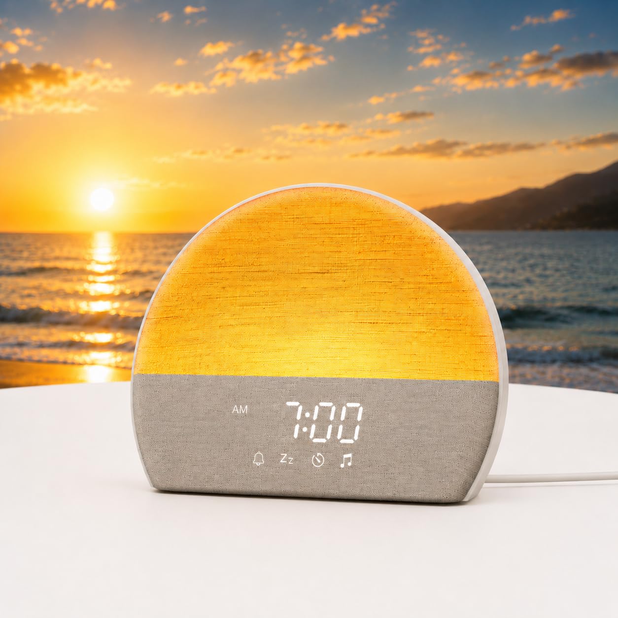 eSynic 2 in 1 Sveglia ad Alba con 30 Suoni Rilassanti – Display Dimmerabile, Luce Notturna e Volume Regolabili, Timer e Snooze, Design Semi-Circolare, Sunrise Alarm Clock da Comodino con Spina