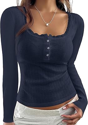 Women Y2k Lace Trim Scoop Neck Button Pointelle Crop Tee Tops Slim Fit Long Sleeve Aesthetic Fall Henley T Shirts