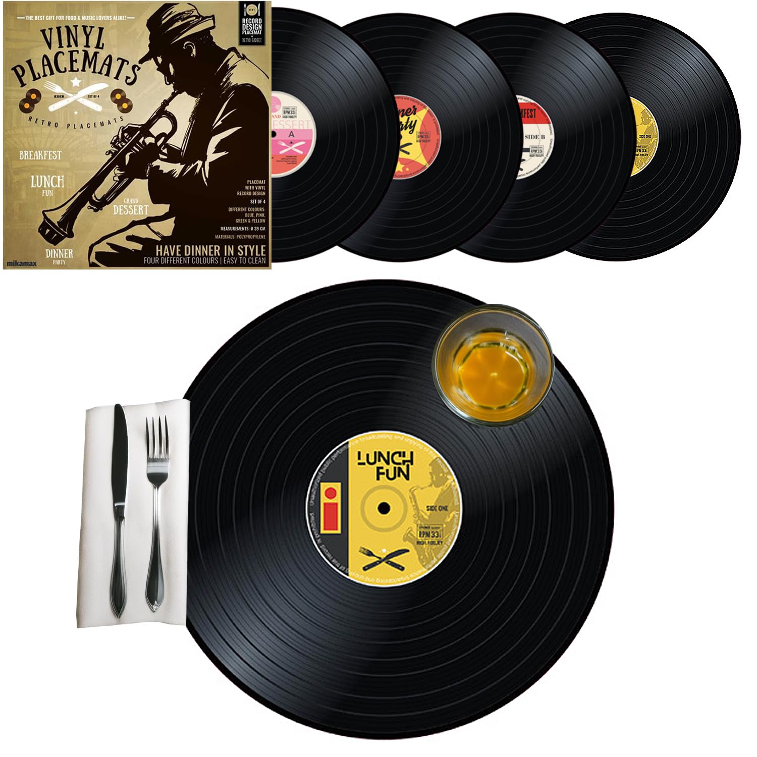 Mikamax – Vinyl Placemats – Retro - Płyty Gramofonowe - 4 Podkładki na Stół - Nostalgiczne - Płyty Winylowe - Dekoracja Stołu - Okrągłe Podkładki - Czarne