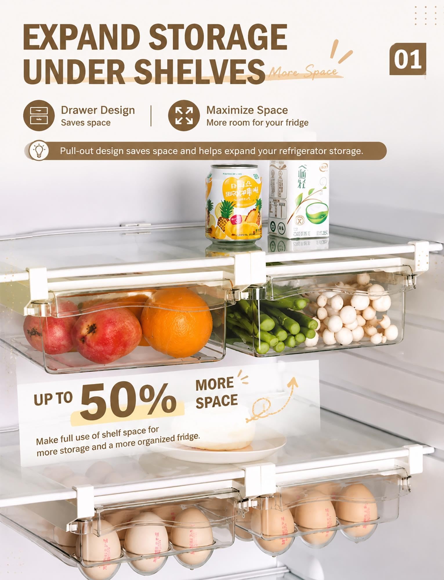Organisateur frigo suspendu transparent, tiroir coulissant sous étagère