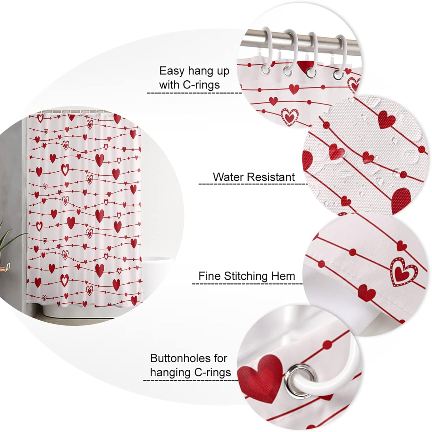 Fabric Shower Curtain for Bathroom 54"W x 78"L Valentine's Day Red Love Heart Romantic Pink Shower Curtain with Hooks Bathroom Decor Waterproof Shower Curtains Machine Washable for Home Hotel