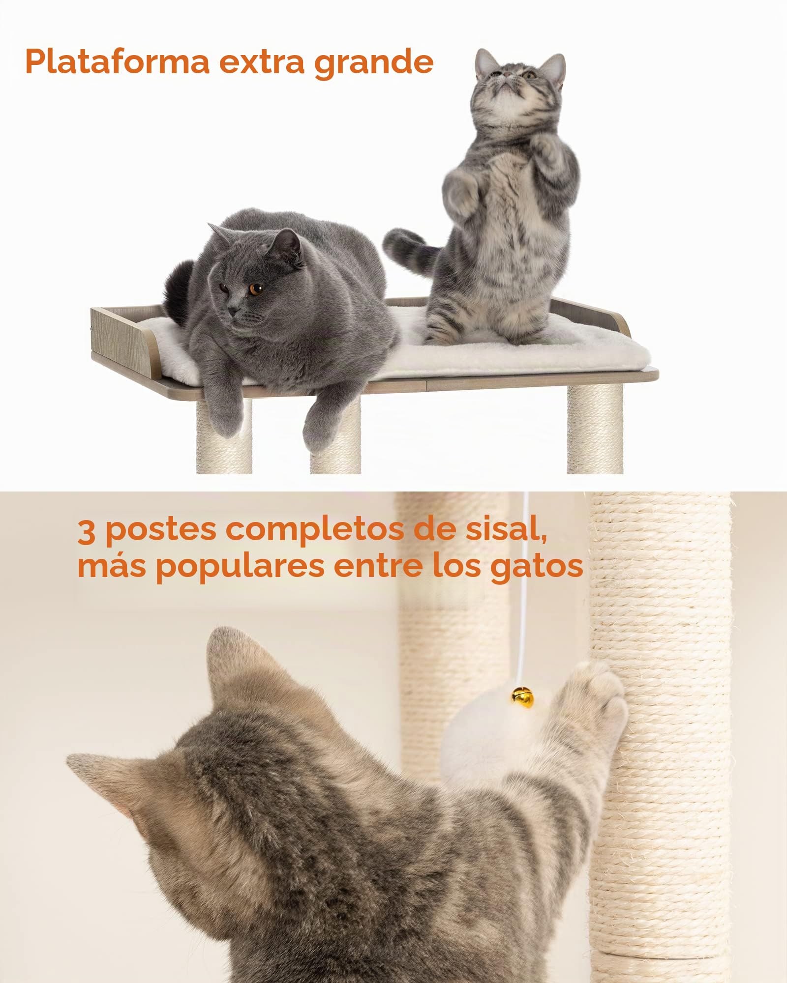 FourFurPets Árbol para Gatos, Altura 68 cm, Torre de Gatos, con 3 Postes de Sisal de 60cm, 56x40 cm Gran Plataformas, Pompones, Greige