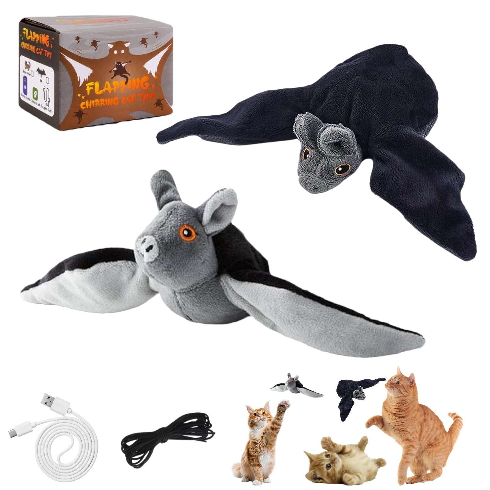 Flying Bat Toy for Cats, Flying Bat Dog Toys, Interactive Motion Activated Flapping Wing Cat Toy with Hanging Rope, Remote Control Electric Halloween Flapping Bats Toy for Indoor Cats，Style-A+B