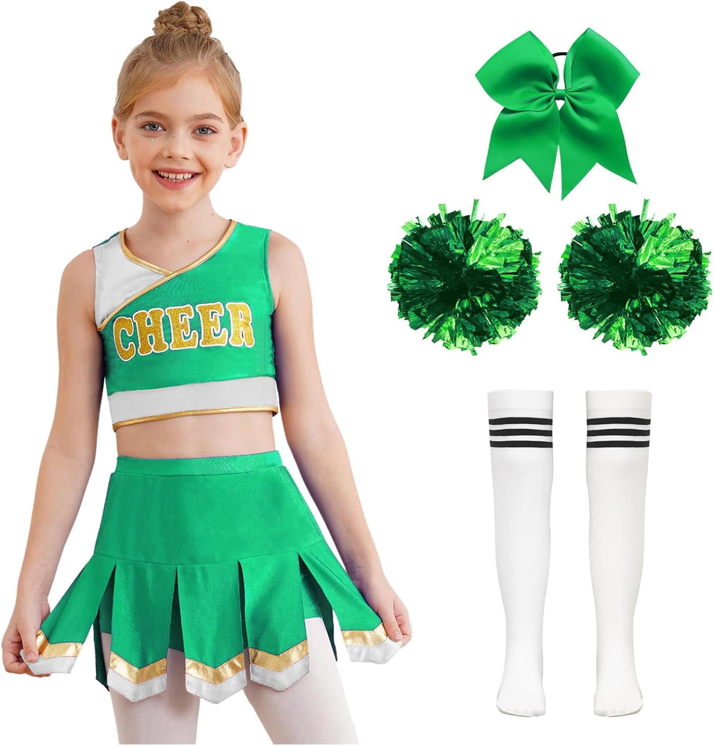 Kids Girls Cheer Leader Sleeveless Crop Top and Pleated Skirt with Accessories for School Sports Meeting