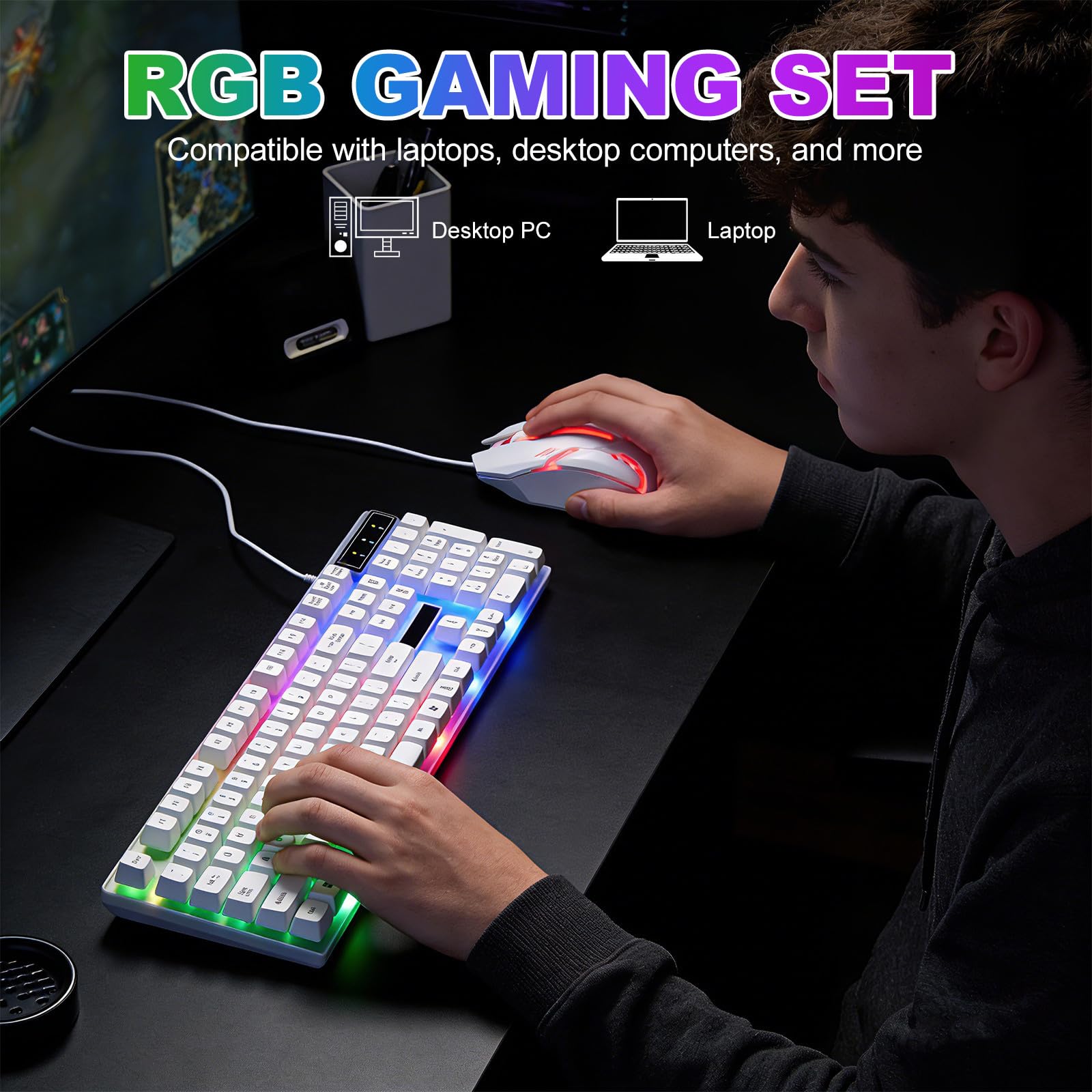 Uonlytech Set Tastiera Bianca Cablata Mouse Ergonomico Usb, Tastiera 104 Tasti in Abs Design a Tasti Flottanti per Accessori Computer Gaming