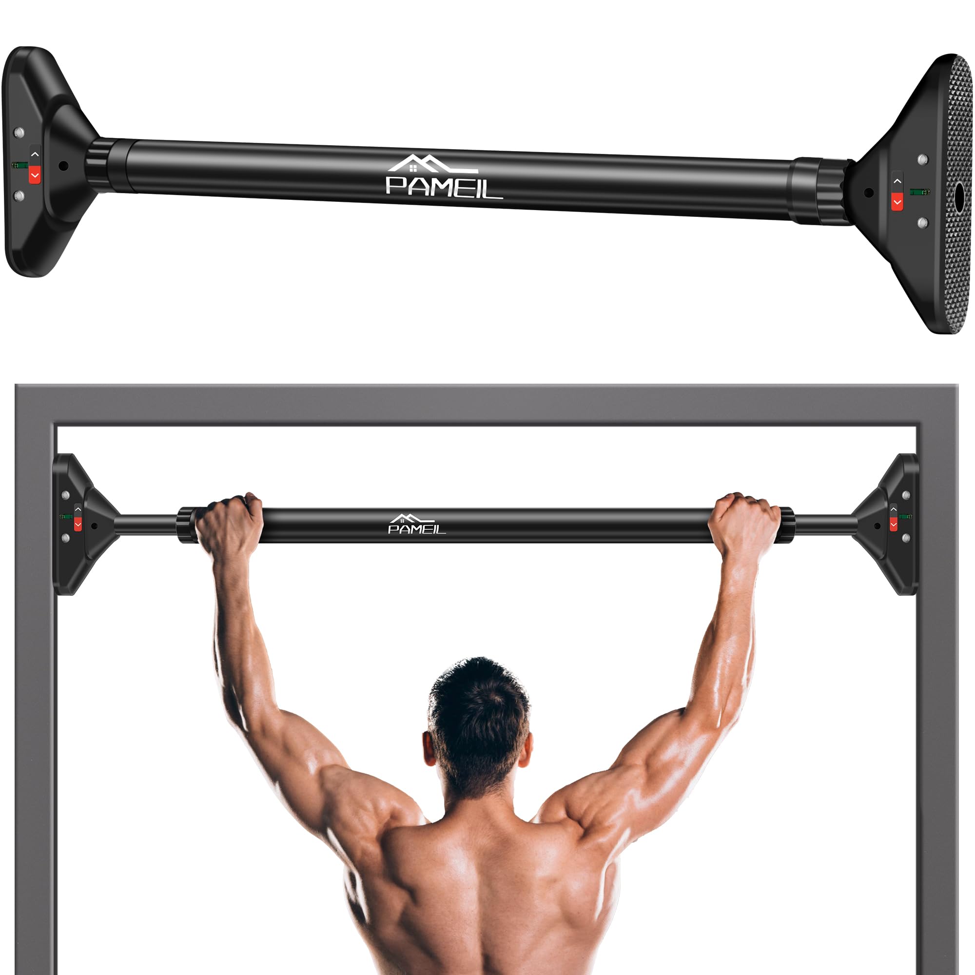 Pameil Klimmzugstange Türrahmen, Pull Up Bar Tragkraft bis 200 Kg | Ohne Schrauben & Bohren. 360° drehbares Zahnradschloss, ausziehbar 75-94cm. Stabil bis 200kg. Für Zuhause & Fitness.