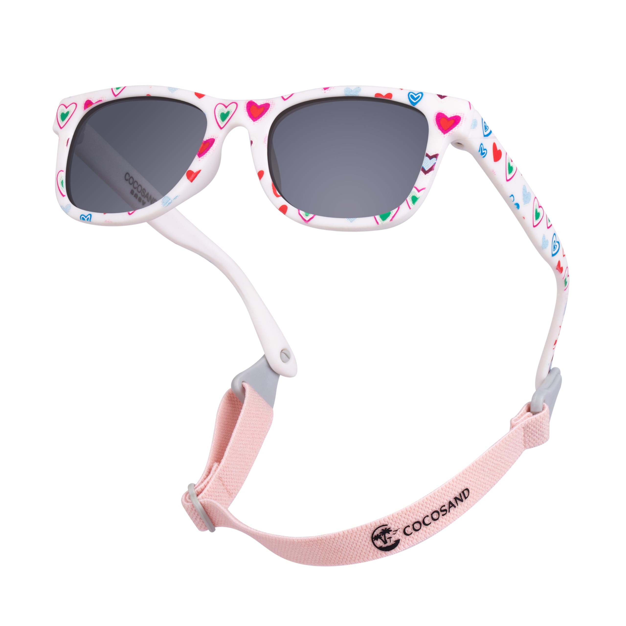 Flexible Polarized Baby Sunglasses with Strap | UV Protection, Bendable, For Toddler Infant Newborn Girl Boy, Age 0-24 Months TPE Matte White With Heart Print