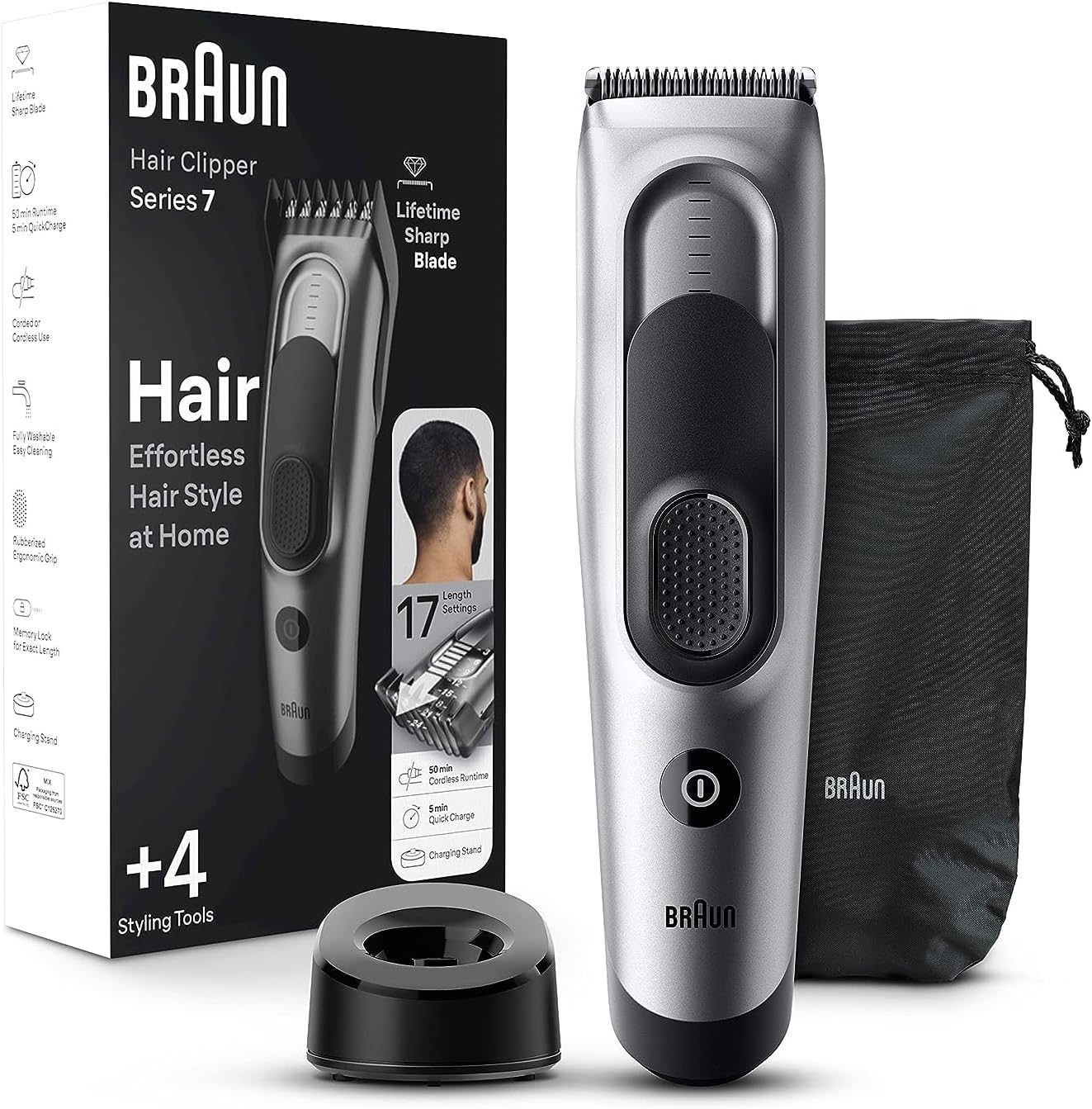 Braun Hair Clippers for Men, Series 7 7390, Hair Clip from Home with 17 Length / Recall Setting, Incl. Memory SafetyLock, Ultra-Sharp Blades, 2 Combs, Stand, Pouch, Washable Braun Hair Clippers for Men, Series 7 7390, Hair Clip from Home with 17 Length / Recall Setting, Incl. Memory SafetyLock, Ultra-Sharp Blades, 2 Combs, Stand, Pouch, Washable