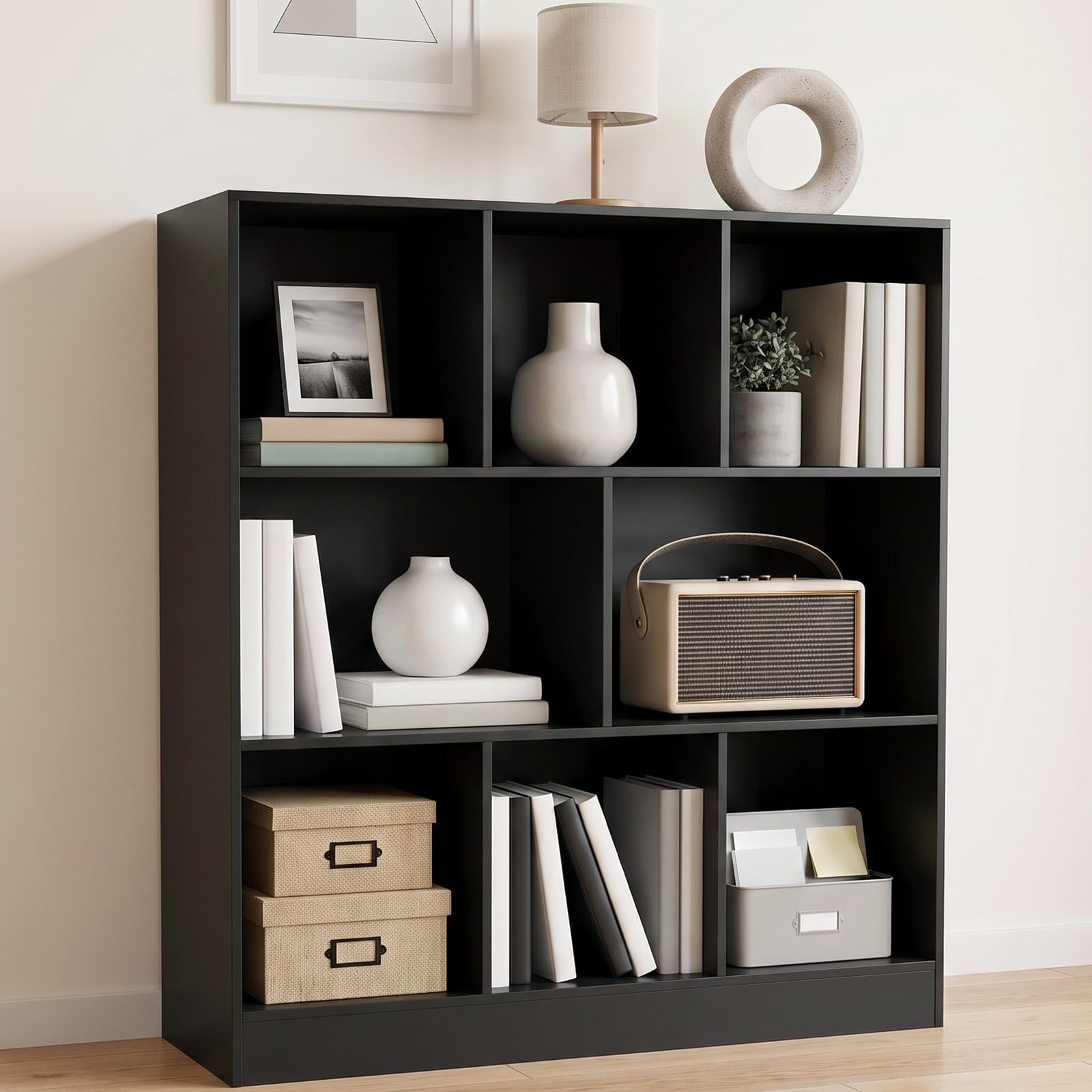 7 Cube Storage Unit, Black Bookcase, Book Cube Shelf with Base Design