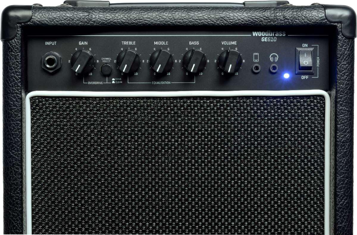 Woodbrass GE610 Combo-Verstärker für E-Gitarre – Verstärker 10 W, ideal für Anfänger, vielseitig, intuitiv, Kopfhöreranschluss: perfekt zum Lernen