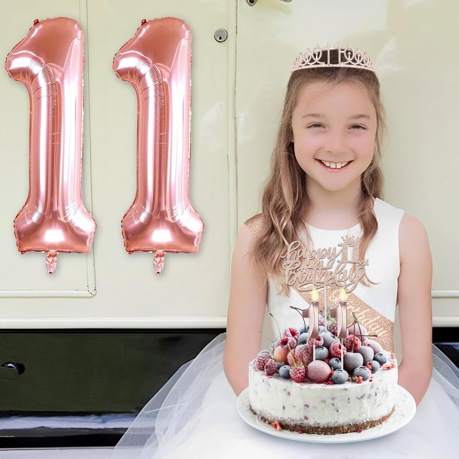 11th Birthday Decorations for Girls, Including 11th Birthday Sash and Tiara, 11 Candles and Cake Toppers, Rose Gold 11 Balloons and 3D Birthday Card, 11th Birthday Gifts for Girls 11 Year Old Birthday Party - Image 2