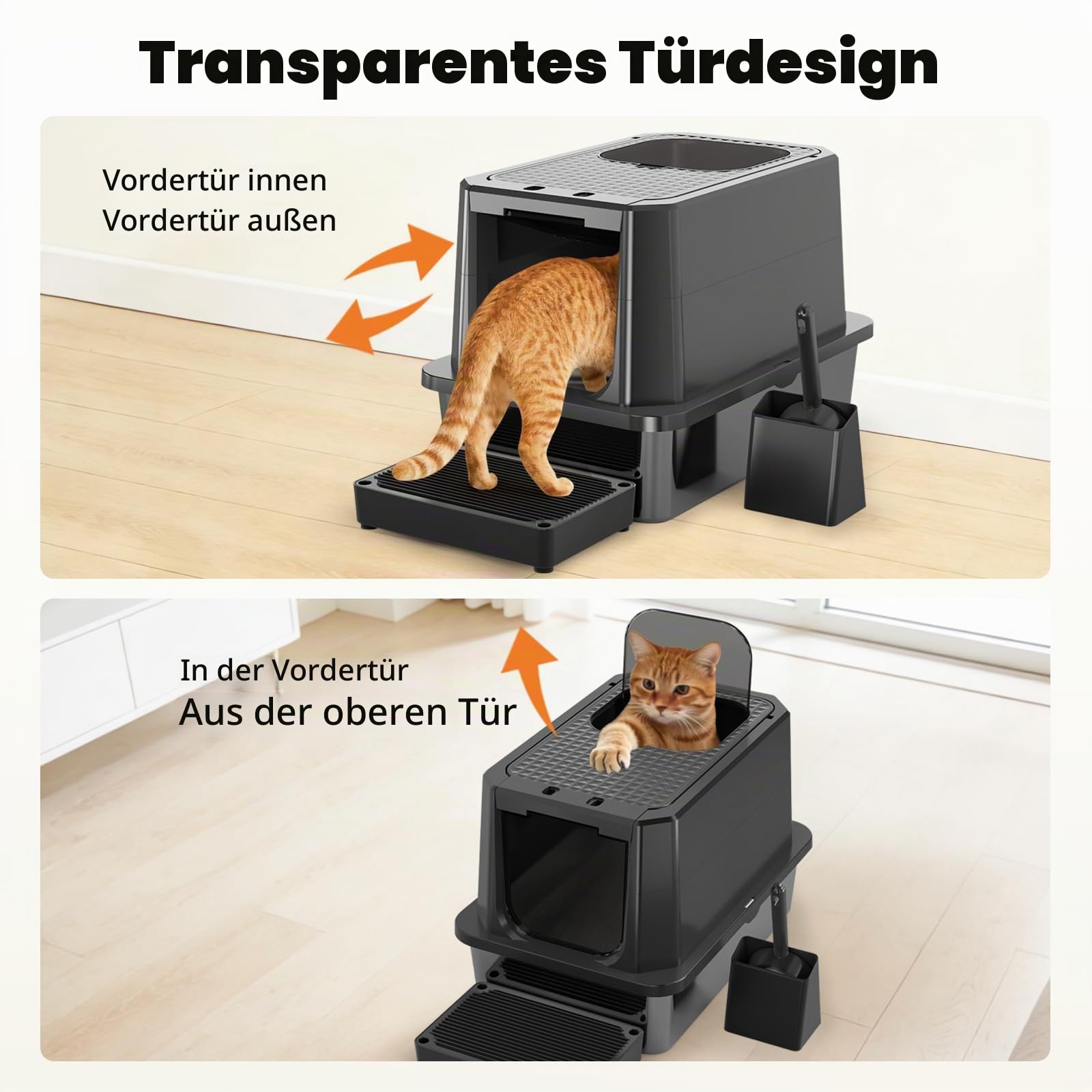 Sfozstra Geschlossene Edelstahl-Katzentoilette mit erhöhten Rändern: auslaufsicher geruchsneutral - leicht zu reinigen & Kratzfest - Für kleine bis große Katzen, für Schlafzimmer Balkon in Schwarz