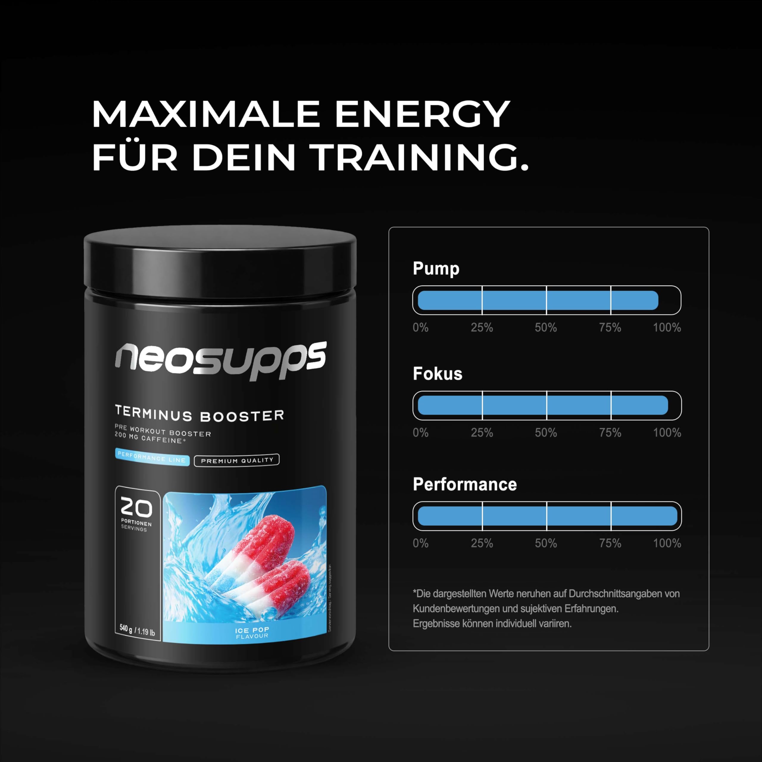 NEOSUPPS Pre Workout Booster Terminus XXL Ice Pop 540g, Fitness & Gym, Pre Workout Booster vegan, Pump & Fokus, geprüfte Qualität, 8.000 mg L-Citrullin, 20 Portionen