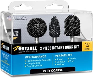 Kutzall 3-Piece Rotary Burr Kit - 14" Shaft, Very Coarse - Wood Carving Bits for Bosch, DeWalt, Milwaukee Tools - Structured Tungsten Carbide