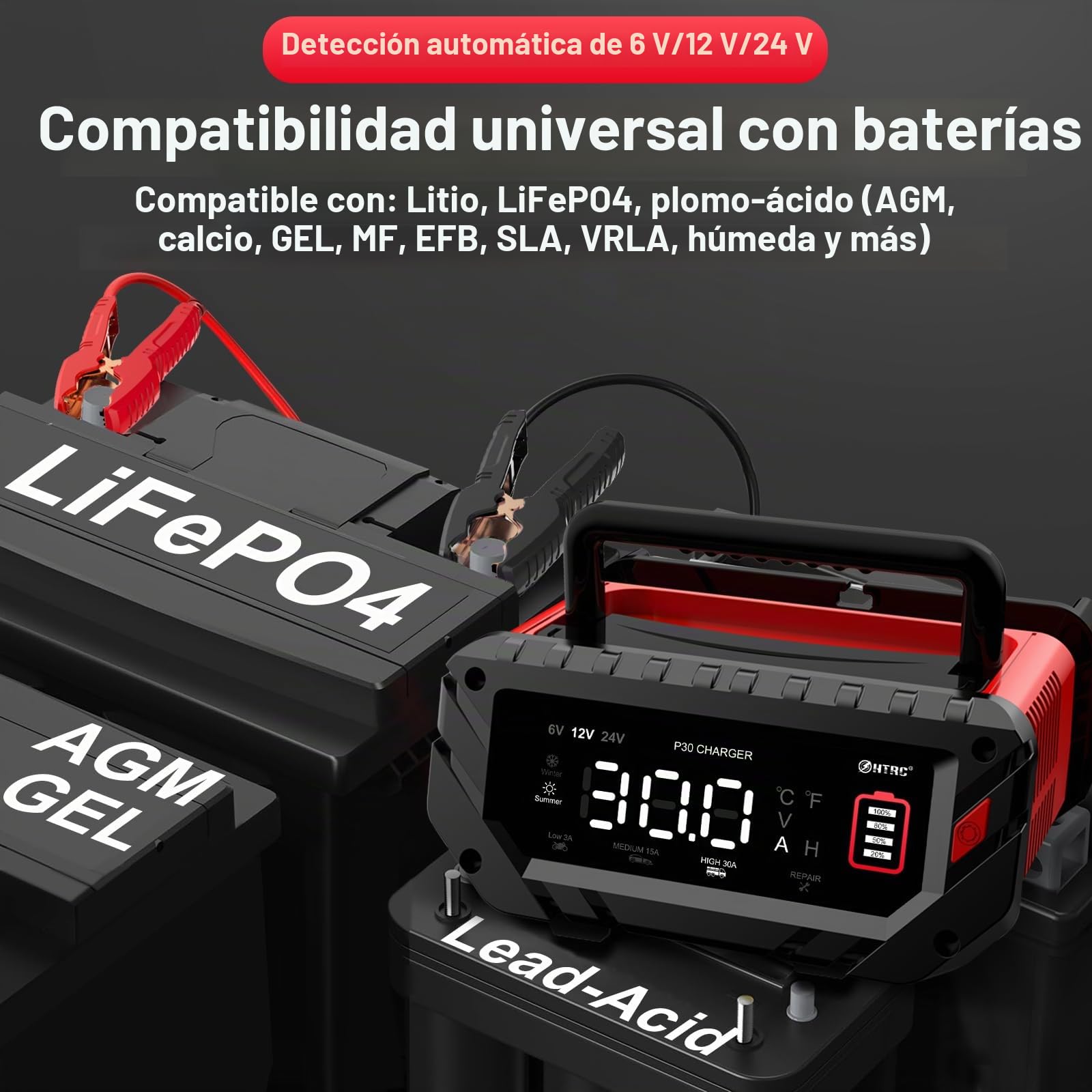 HTRC Cargador de batería de coche de 30 A, 6 V/12 V/24 V, mantenedor de batería, cargador de goteo y desulfatador de batería con pantalla LCD para barco, SUV, motocicleta, litio LiFePO4 y plomo-ácido