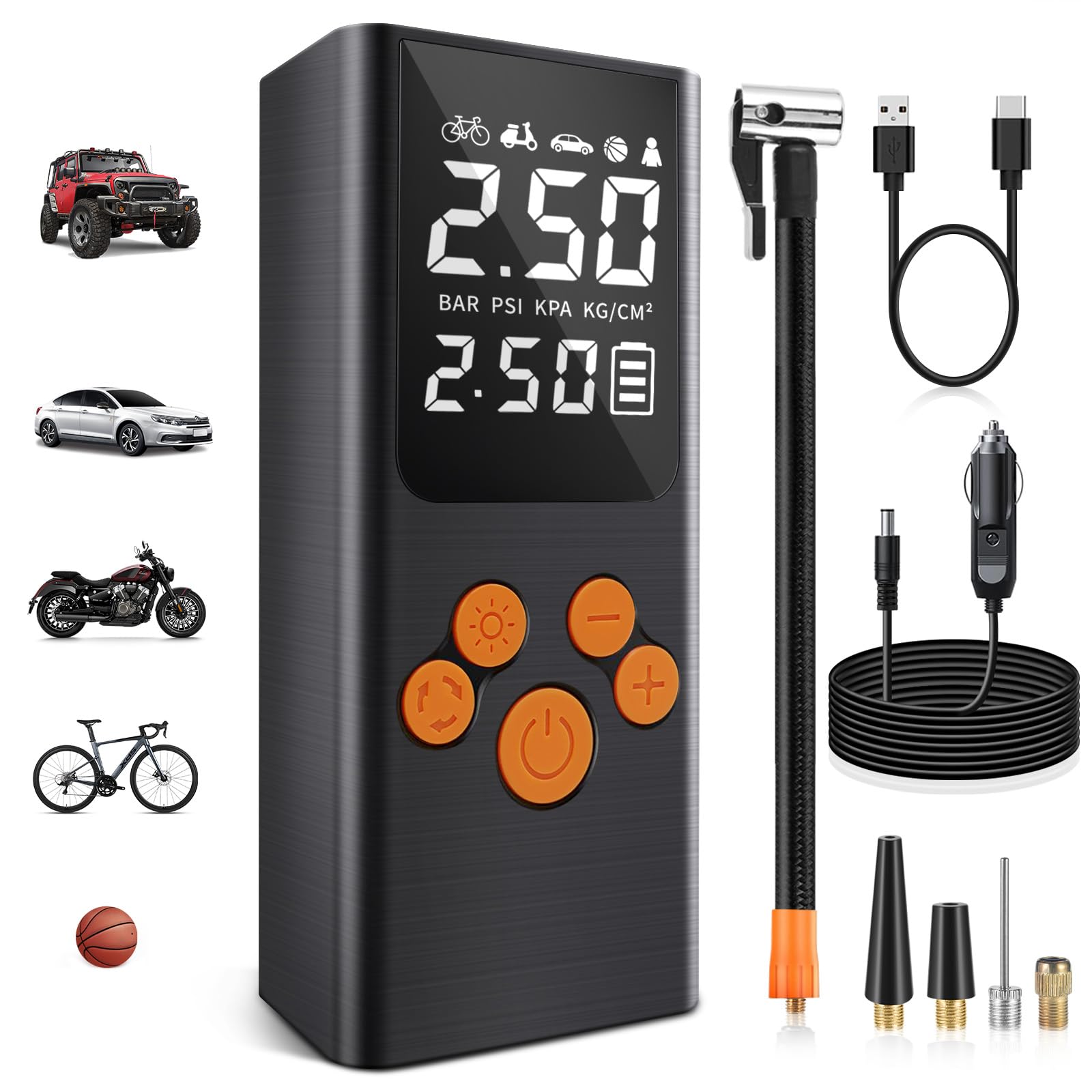 Compresor de Aire Inalámbrico, 150PSI Inflador de Llantas Portátil con Pantalla LED Inteligente, 80W Bomba de Aire con Batería 6000mAh, Apto para Inflar y Presurizar Bicicletas, Autos, Motos y Balones