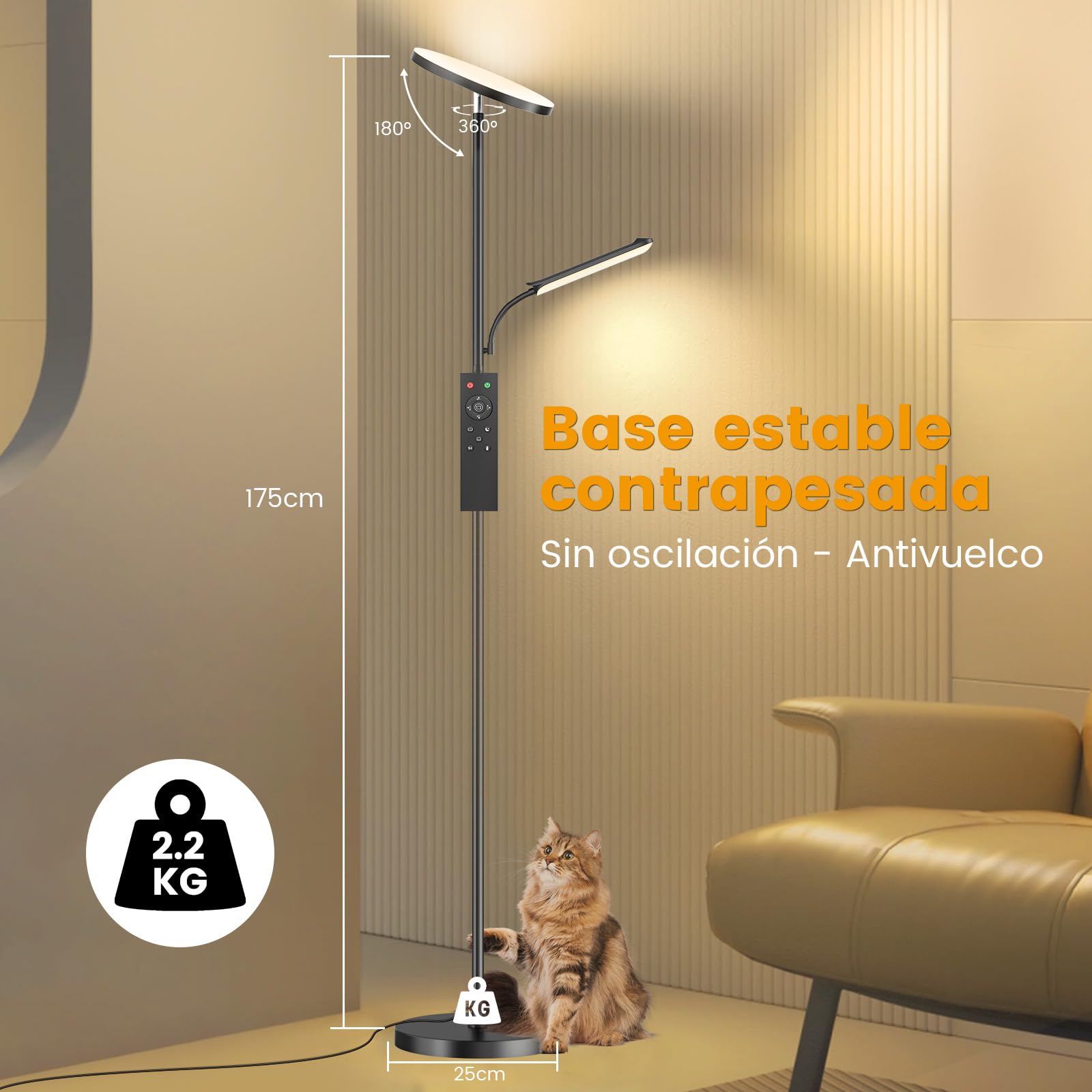 Lámpara de Pie LED Regulable de 42W, Lamparas de Pie Para Salon Superbrillante de 4000 LM Para Sala de Estar Con Luz de Lectura, Ajuste de temperatura de color y brillo (42W)