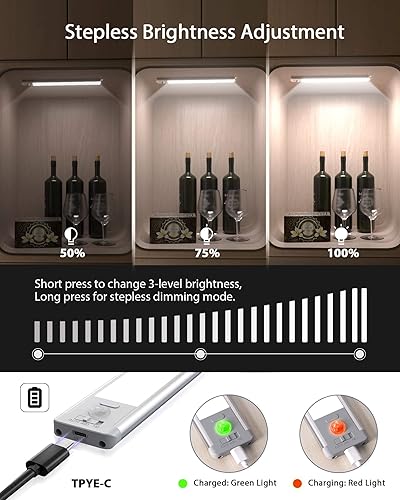 Miniatura 2 de Sensor de movimiento de luz para debajo del gabinete, 54 luces LED recargables a pilas que funcionan con luces LED para mostrador de armario, luz