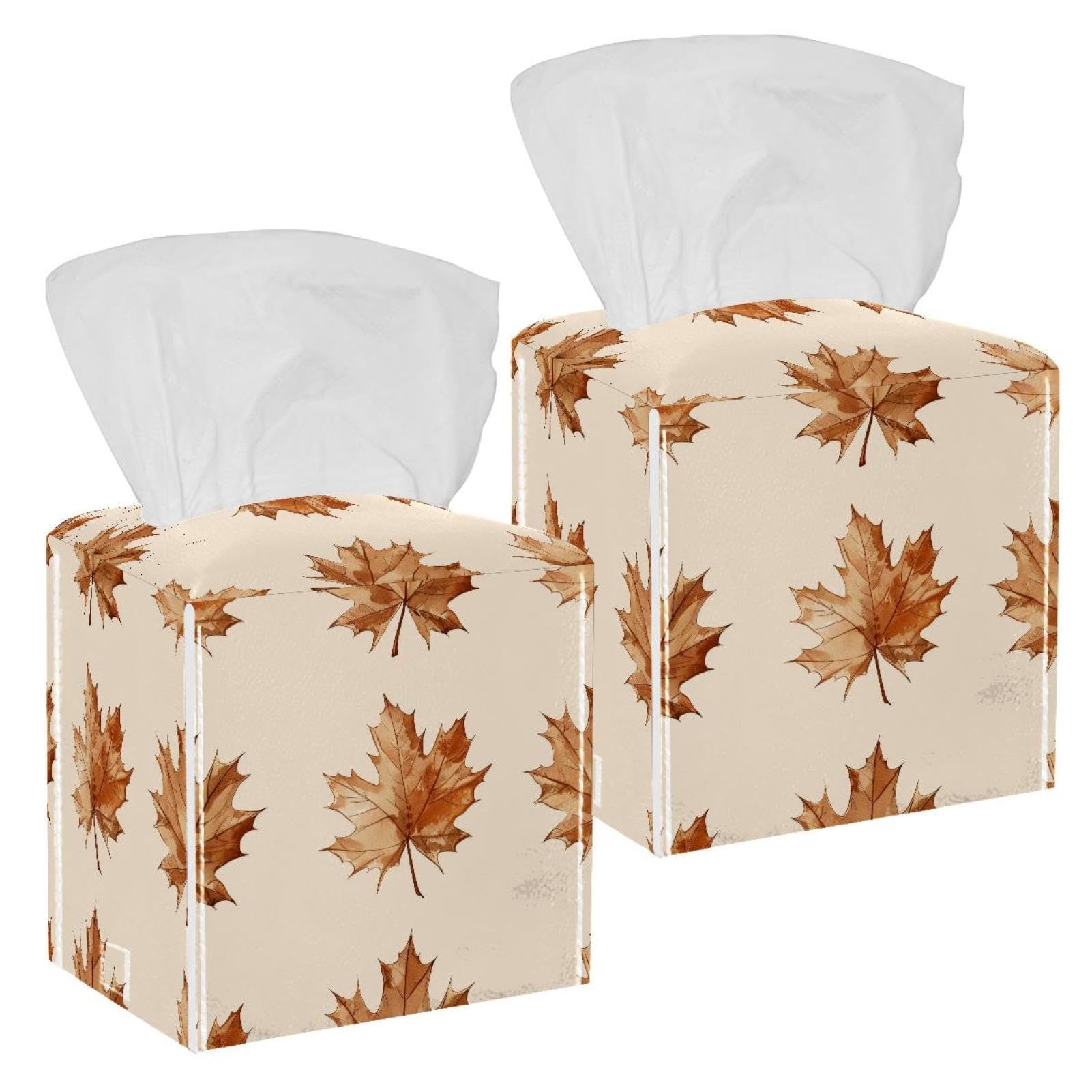 Autumn Maple Leaf Tissue Box Cover, 2 Pack PU Leather Square Facial Tissue Dispenser Box holder for Home Office Car