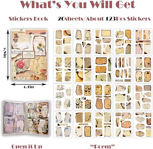 Miniatura 10 de Calcomanías de diario basura para álbumes de recortes, 160 piezas retro de flores, mariposas, naturaleza, poemas, letras decorativas para álbumes de