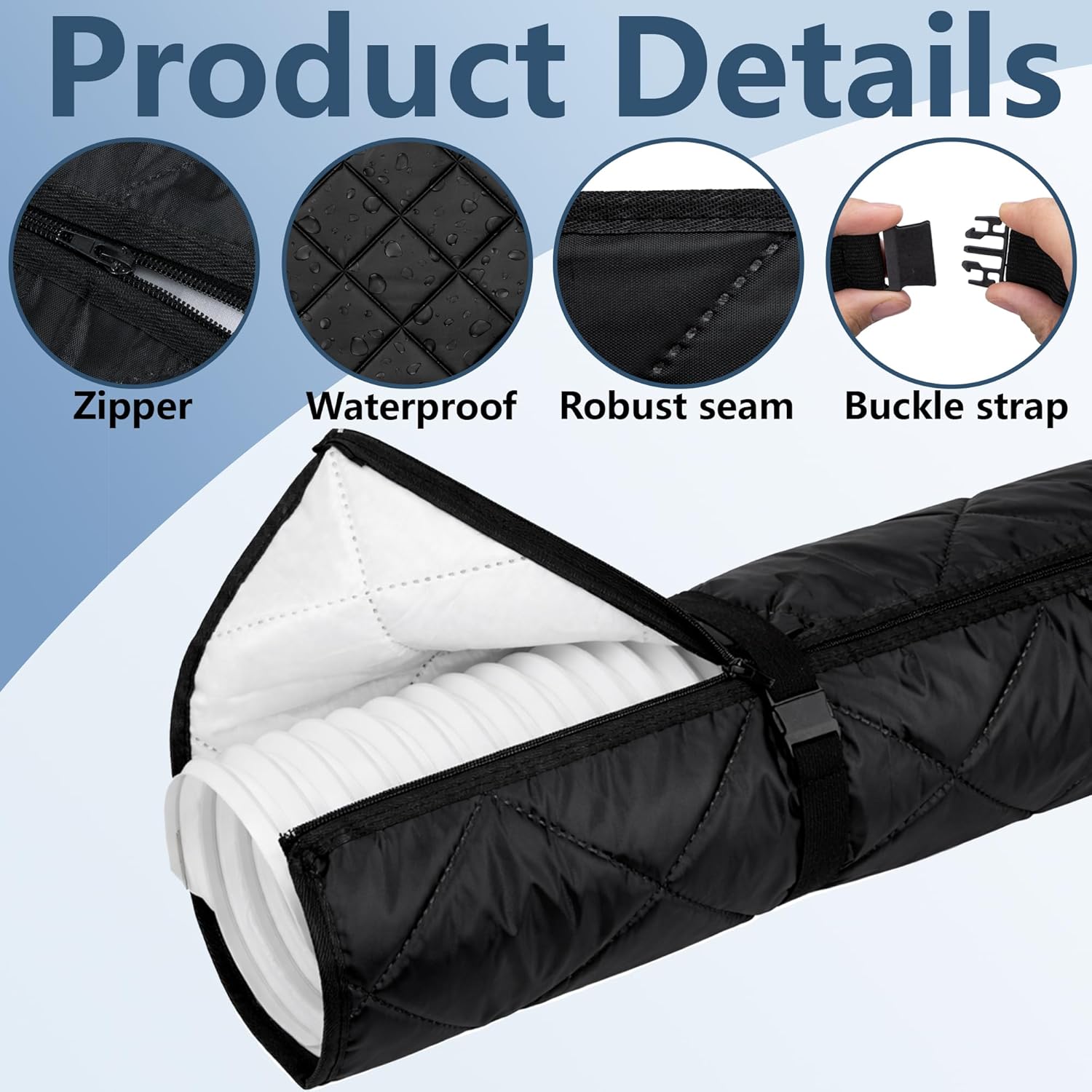 RunNico 2 Set Zipper Air Conditioner Hose Cover, Quilting Hose Cover Wrap Insulation with 4 Upgraded Buckle Straps, Portable AC Pipe Sleeve for 5''-5.9" Diameter Exhaust Duct Vent (Black)