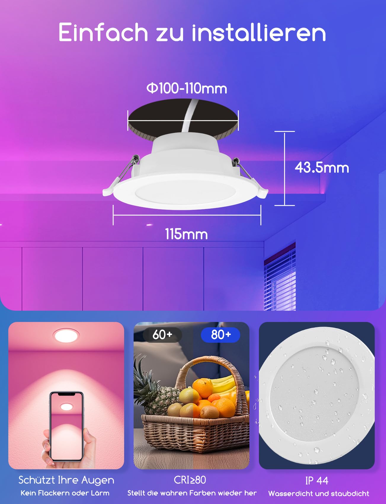 Aigostar Einbaustrahler Intelligente LED Downlight mit Fernbedienung, 6W Einbauleuchte Bluethooth Mesh, Farbe Einstellbar und Weißes Licht 2700K-6000K, Kompatibel mit Alexa, Ф100-110mm, 8 Stück