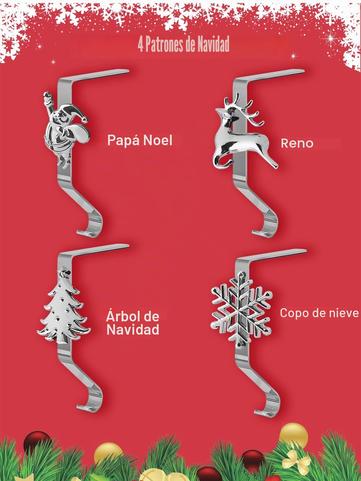 4 Piezas Colgadores de Calcetín de Navidad para Chimenea, Kalolary 4 Estilos Soportes Calcetín Navidad para Manto Ganchos Calcetín Resistentes y Antideslizantes para Decoración Navideña Hogar (Plata)