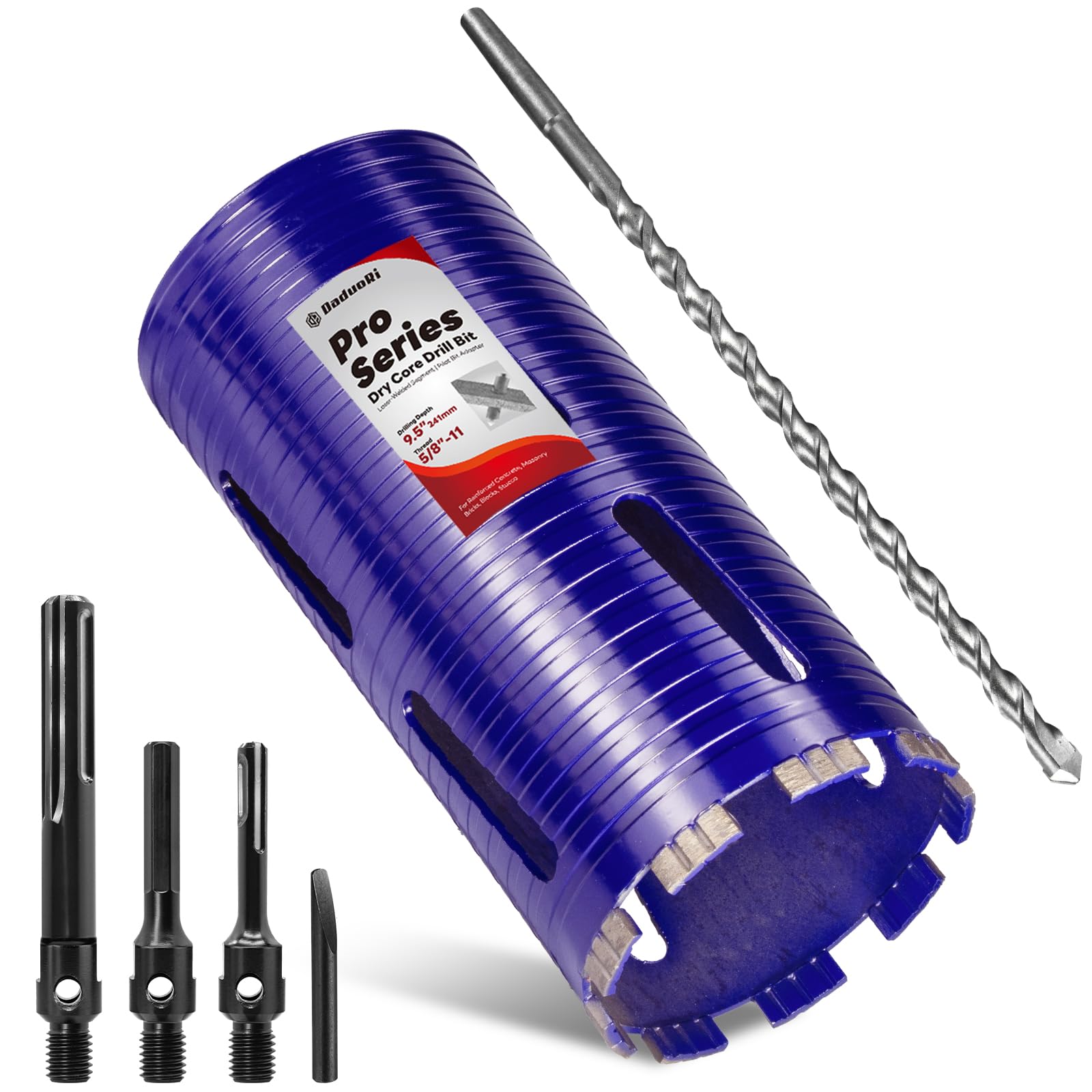 Photo 1 of DaduoRi 4-1/2" Pro Dry Core Drill Bit with Pilot Bit & 3 Adapters (SDS Plus/SDS Max/1/2 Hex), Upgraded-Welded Core Bits for Concrete with Rebar, Masonry, Brick, Mortar - 9.5" Depth, 5/8"-11 Thread