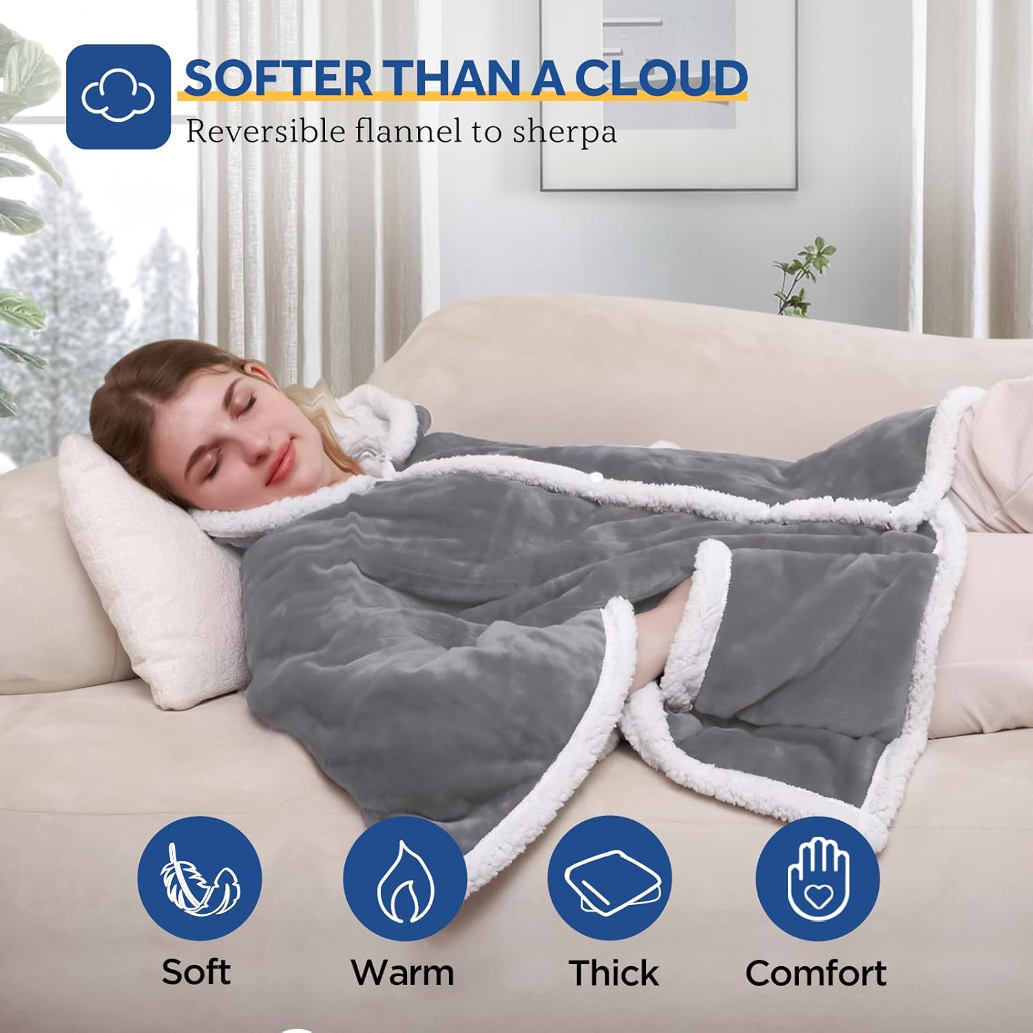 Sealy Heated Throw Wearable Shawl Wrap with Pockets, Reversible Flannel to Sherpa Electric Blanket Hoodie Poncho with 6 Heating Levels & 2-10 Hours Time Settings, 50 X 60 Inch, Light Grey