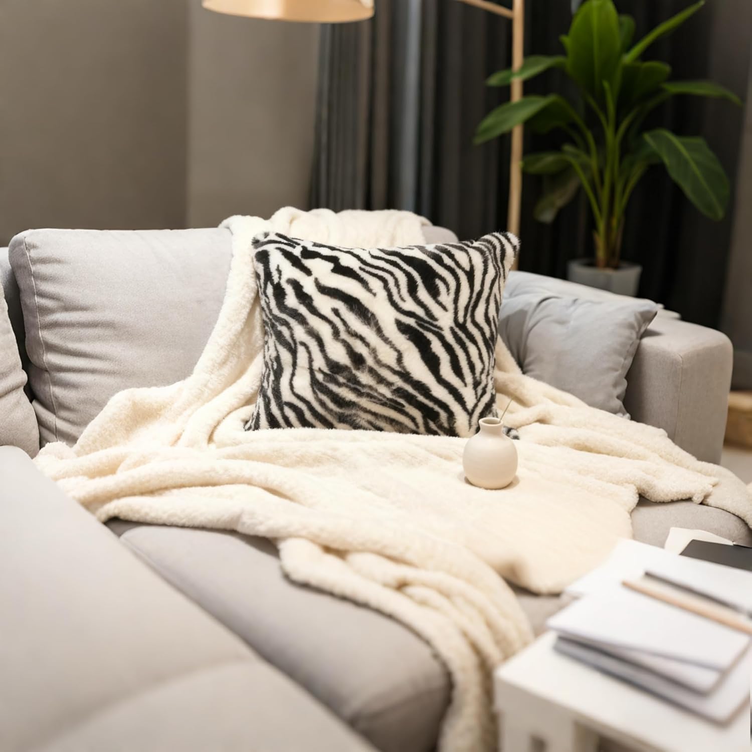 Black White Square Pillow Cover Soft Fluffy Fuzzy Faux Fur Zebra Stripe Throw Pillows Modern Decorative Accent Cushion Covers Pillowcase for Couch Sofa Living Room Bedroom, 18x18