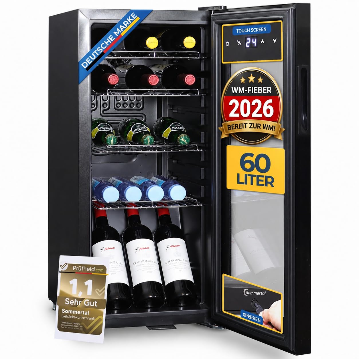 Sommertal Frigorifero GK60 – Frigorífico silencioso para bebidas con LED, pantalla táctil y candado, pequeño refrigerador para botellas, negro, 60 l