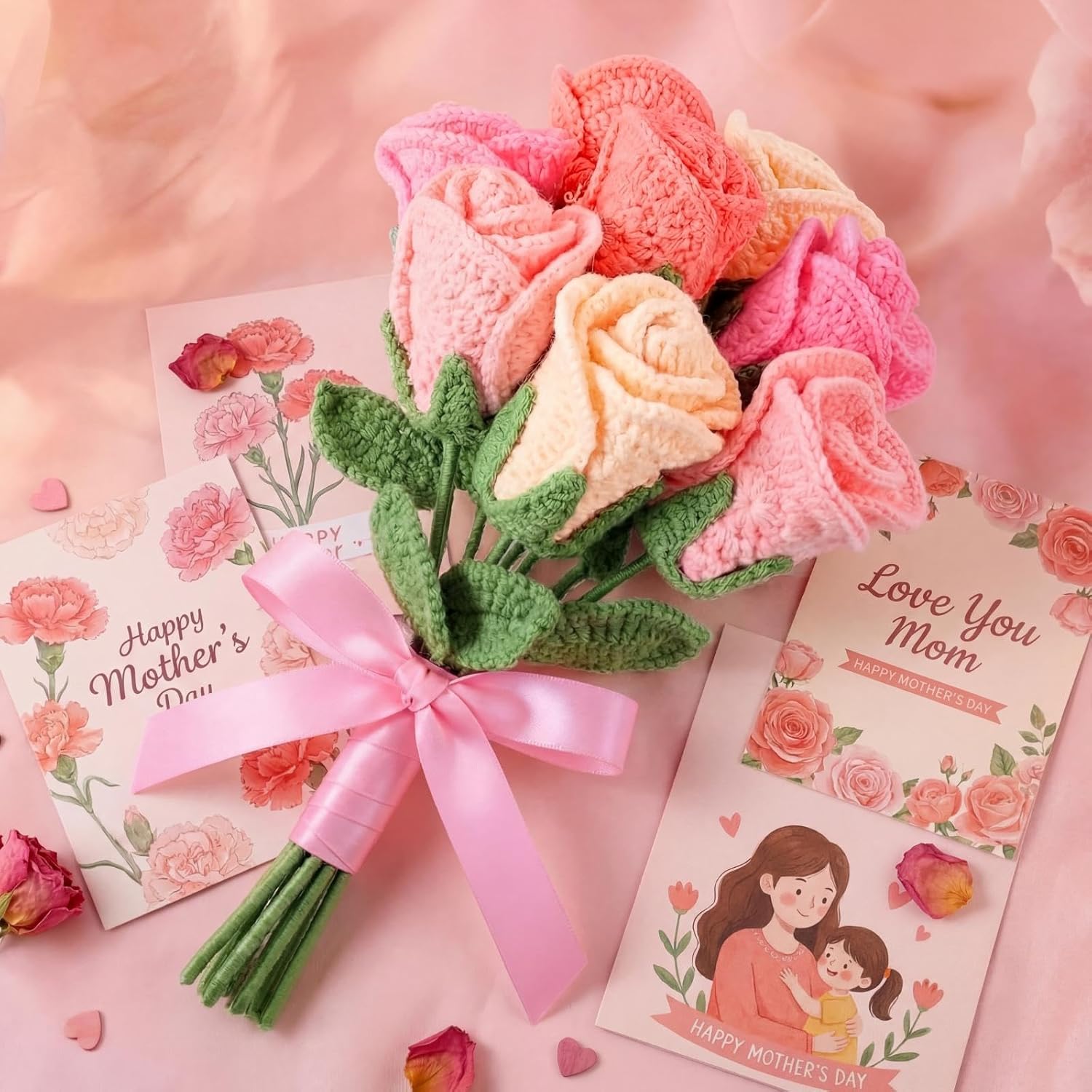 Zeyune 8 Pcs Handmade Crochet Rose Bouquet, Knitted Eternal Roses Flower for Mom, Mother’s Day Flower Gift for Women, Wife, Grandma, Birthday, Anniversary Birthday Romantic Decor (Pink)
