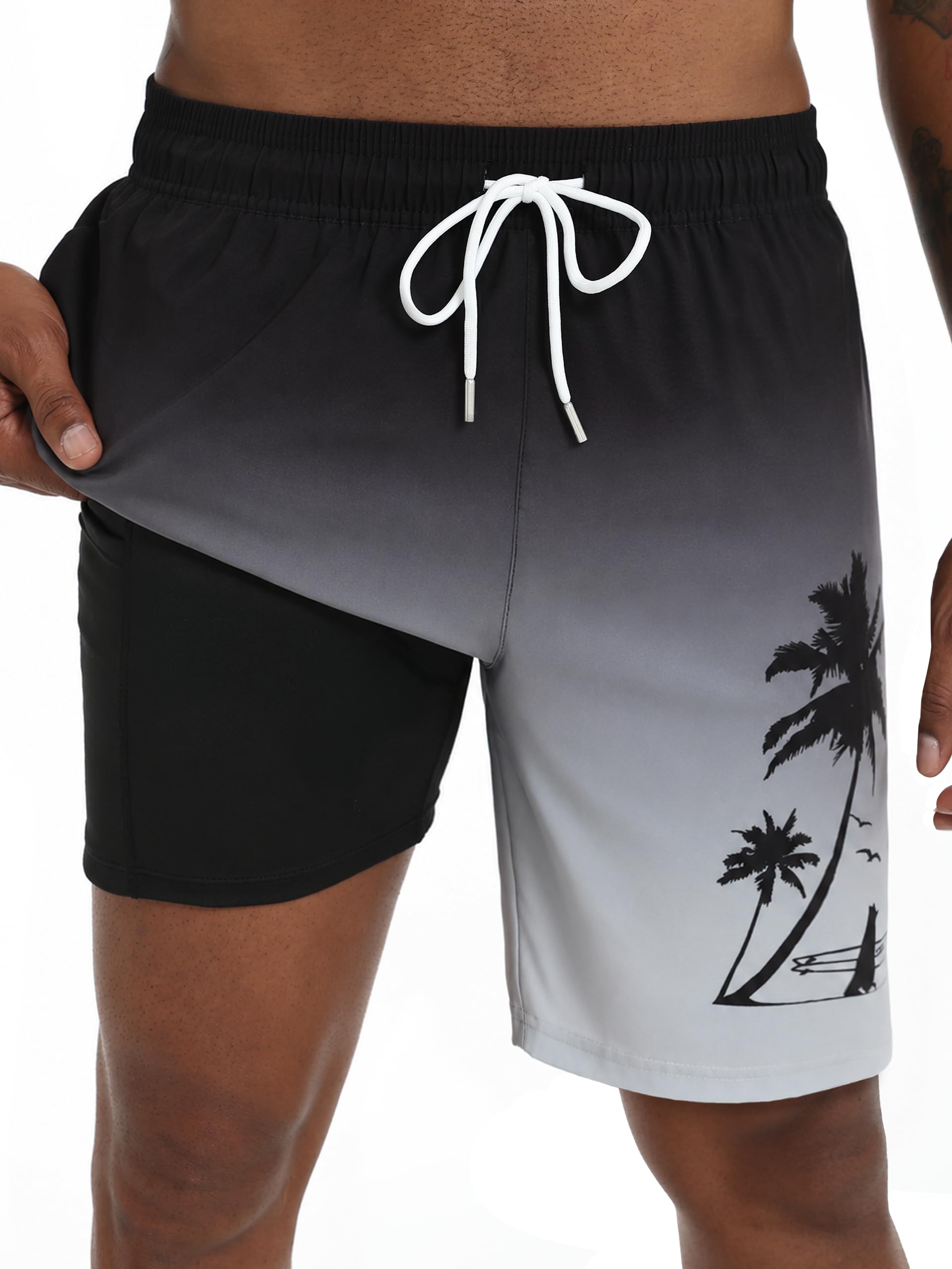Vortewind Badehose Herren lang, Boardshorts Herren mit Kompressions-Innenhose, Badeshorts Männer, atmungsaktiv, wasserabweisend, mit Reißverschlusstasche für Surfen, Urlaub und Freizeit