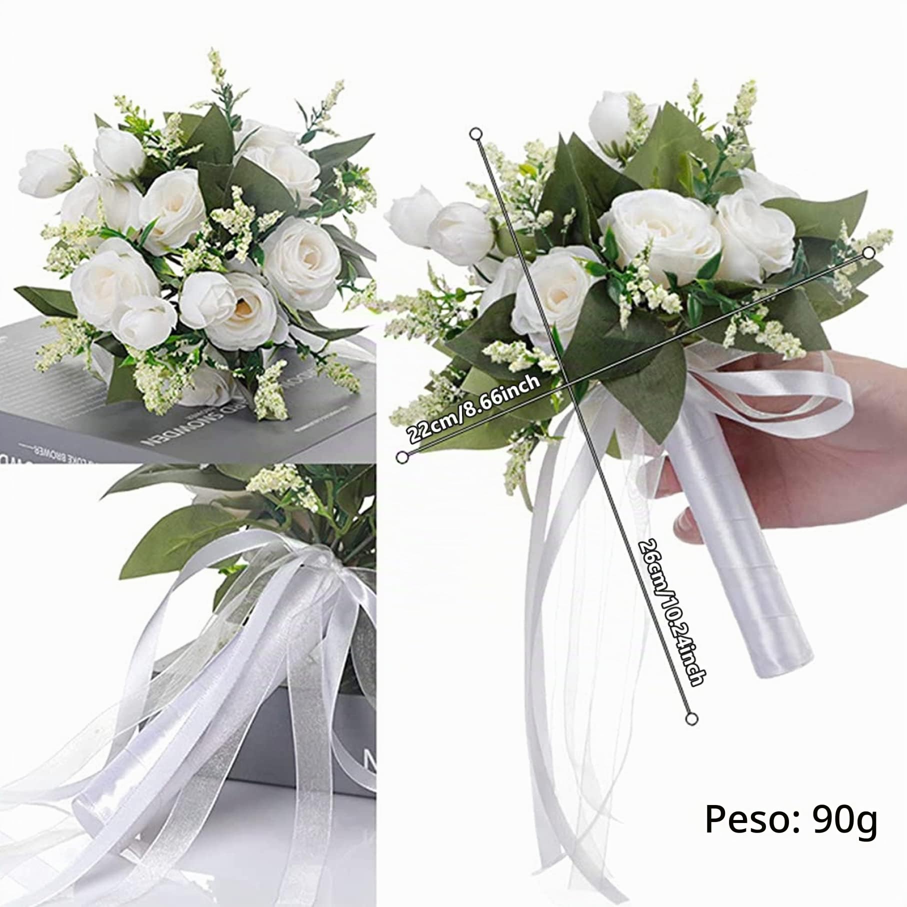 Bouquet de Flores para Novia y Dama de Honor - Ramo Artificial Blanco para Boda, Decoración del Hogar y Suministros de Fiesta