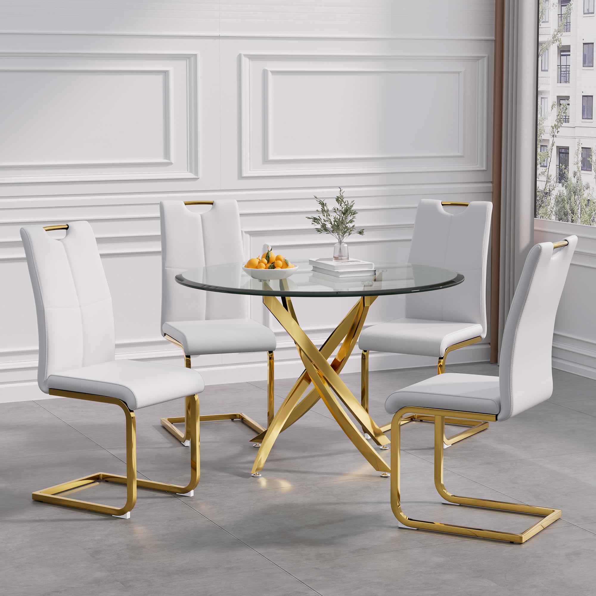 Piece Round Glass Dining Table Set with Chairs Gold Table, White  Chairs for Kitchen Dining Room