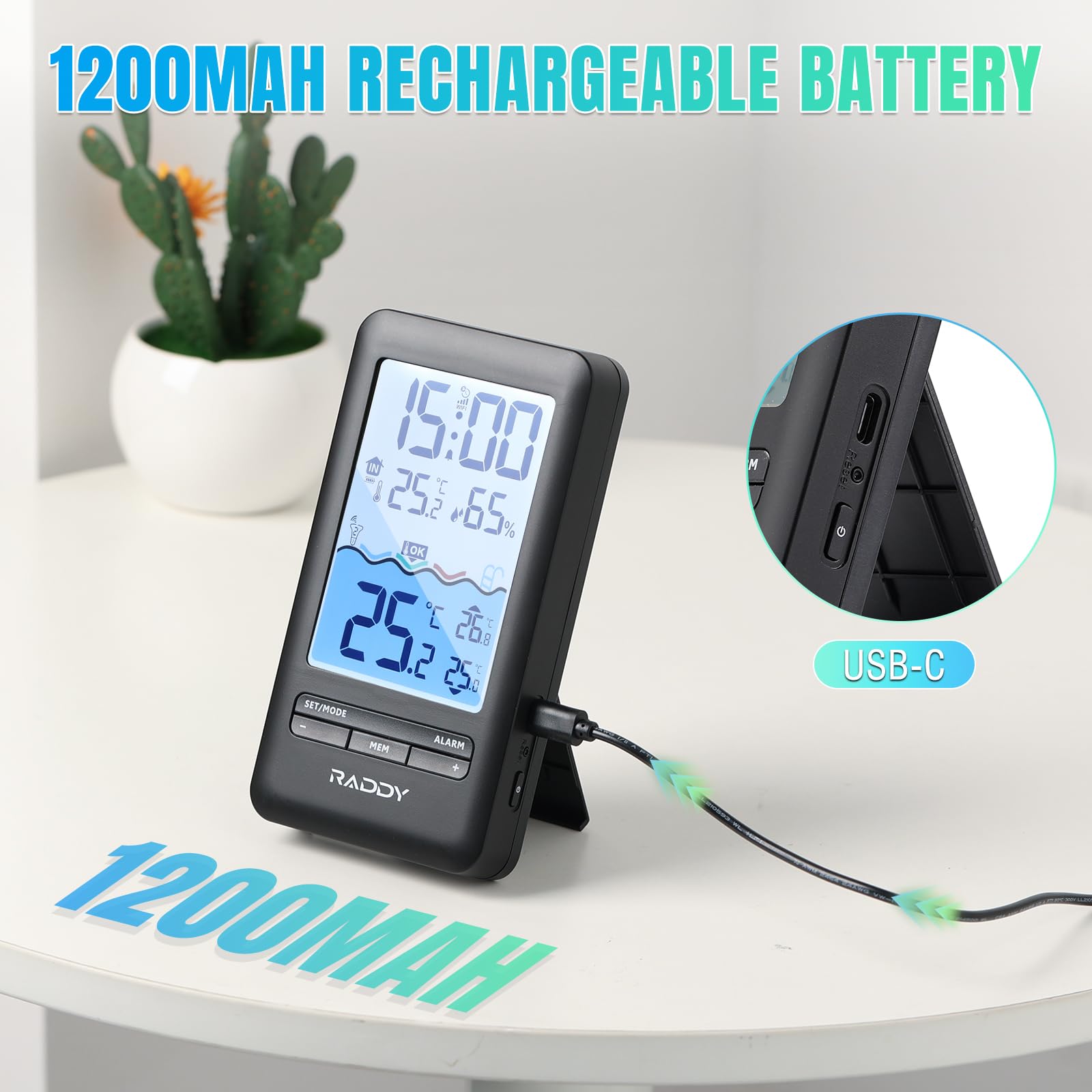 Raddy PT-5 Wi-Fi Termometro per piscina, Console interna, APP monitoraggio remoto tramite, IPX8, ricaricabile tramite energia solare e USB-C, per piscina, vasca idromassaggio, Stagno
