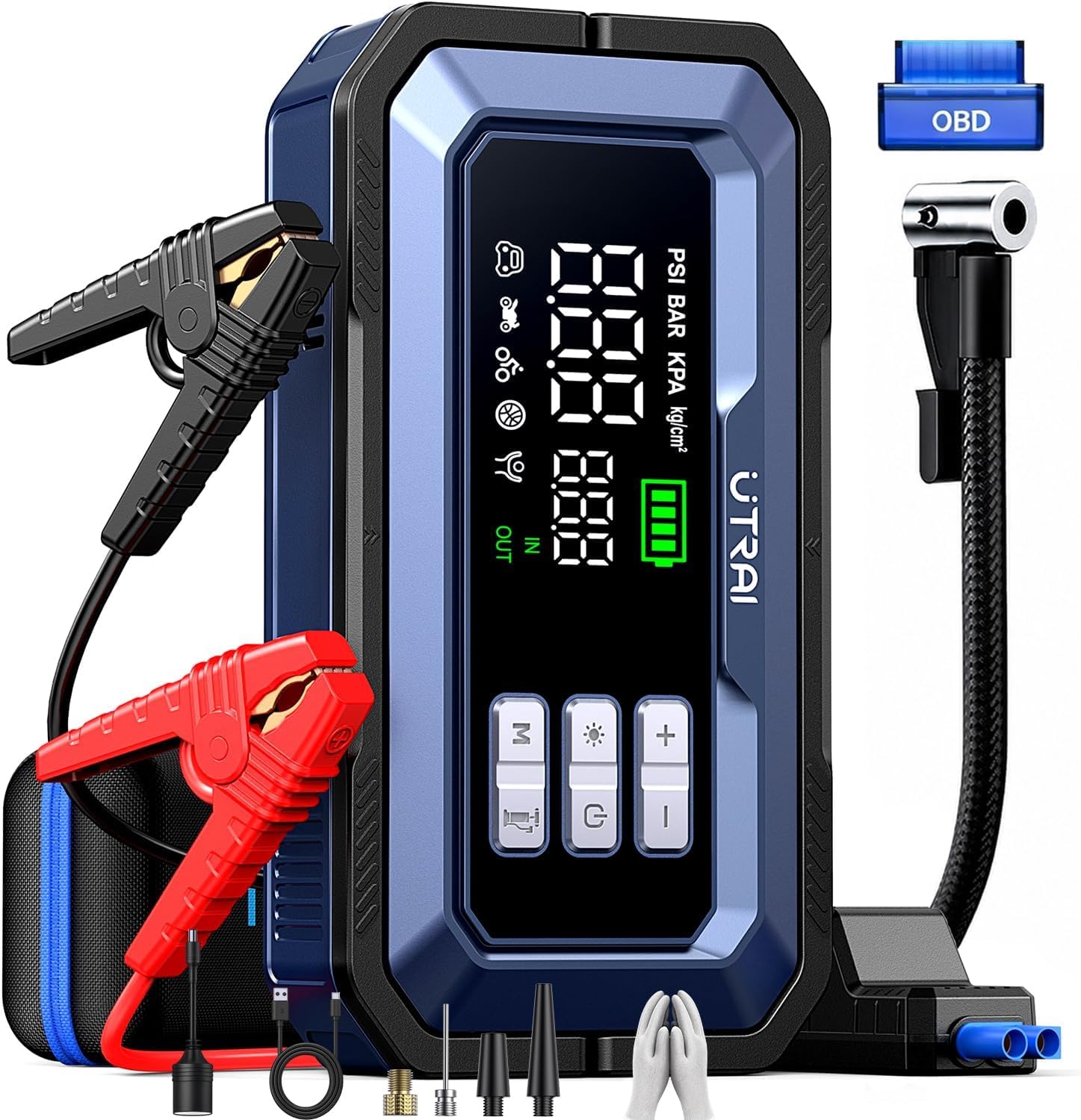 UTRAI Starthilfe Powerbank mit Kompressor für Alle Benzin & Bis 12L Diesel | 7000A Spitzenstrom, 150 PSI Kompressor, 160W DC-Ausgang, 2000 Lumen LED-Lampe, Mehrfacher Sicherheitsschutz, 18W USB-Ausgang