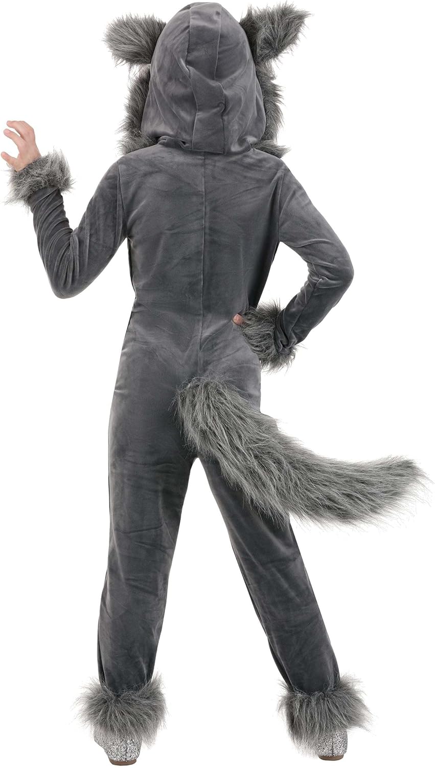 Wild Wolf Costume for Kids, Girl's Hooded Jumpsuit with Fur Tail for Halloween Fun - Image 3