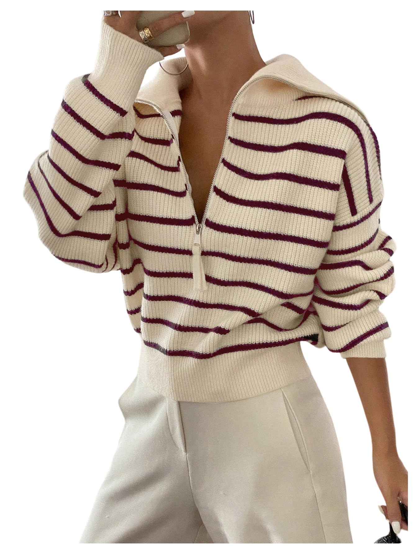 MakeMeChic Womens Striped Half Zip Collared Sweater Fall Cozy Sweaters Knitted Pullover Tops